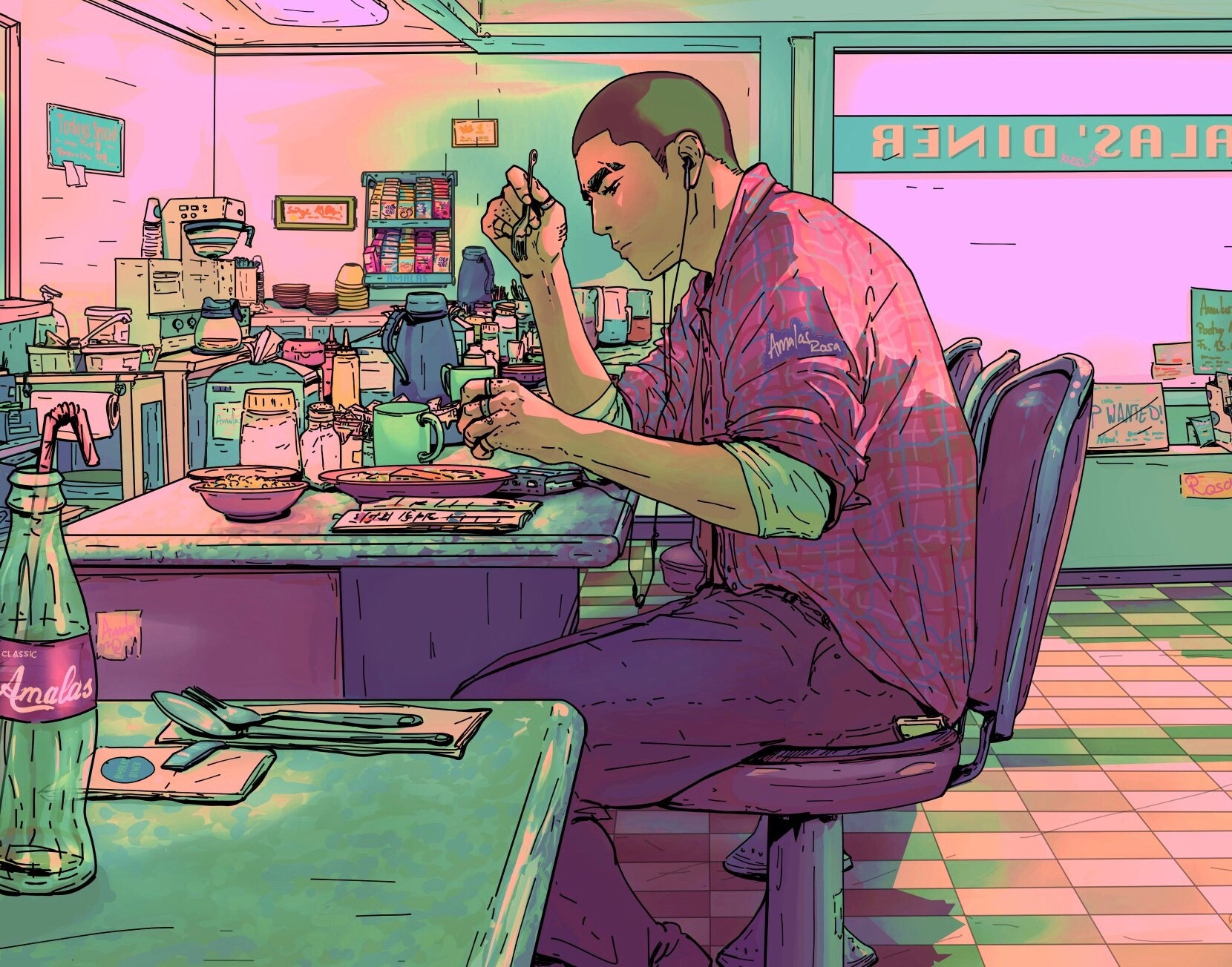 🏀🦀 digital art of original characters Aran sitting at a diner counter alone