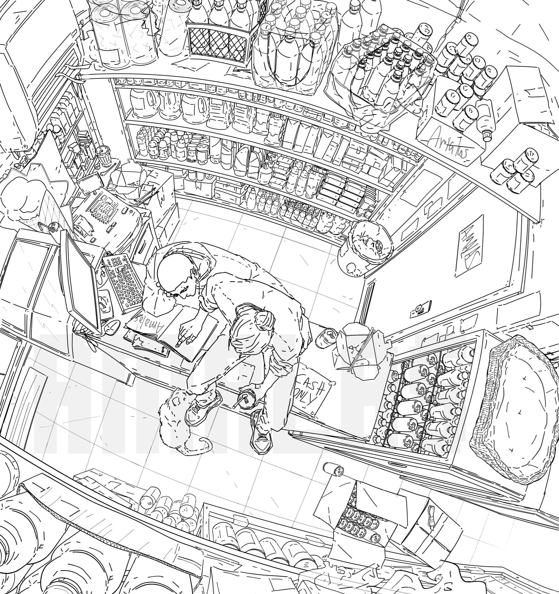 Lineart of the redraw pic of Aran and Tao in the bodega doing a crossword puzzle
The theme and top view are the same, but it has a slight fisheye now and I adjusted the composition and added way more details and the perspective mistakes are not as prominent anymore. The lineart is also cleaner and more confident