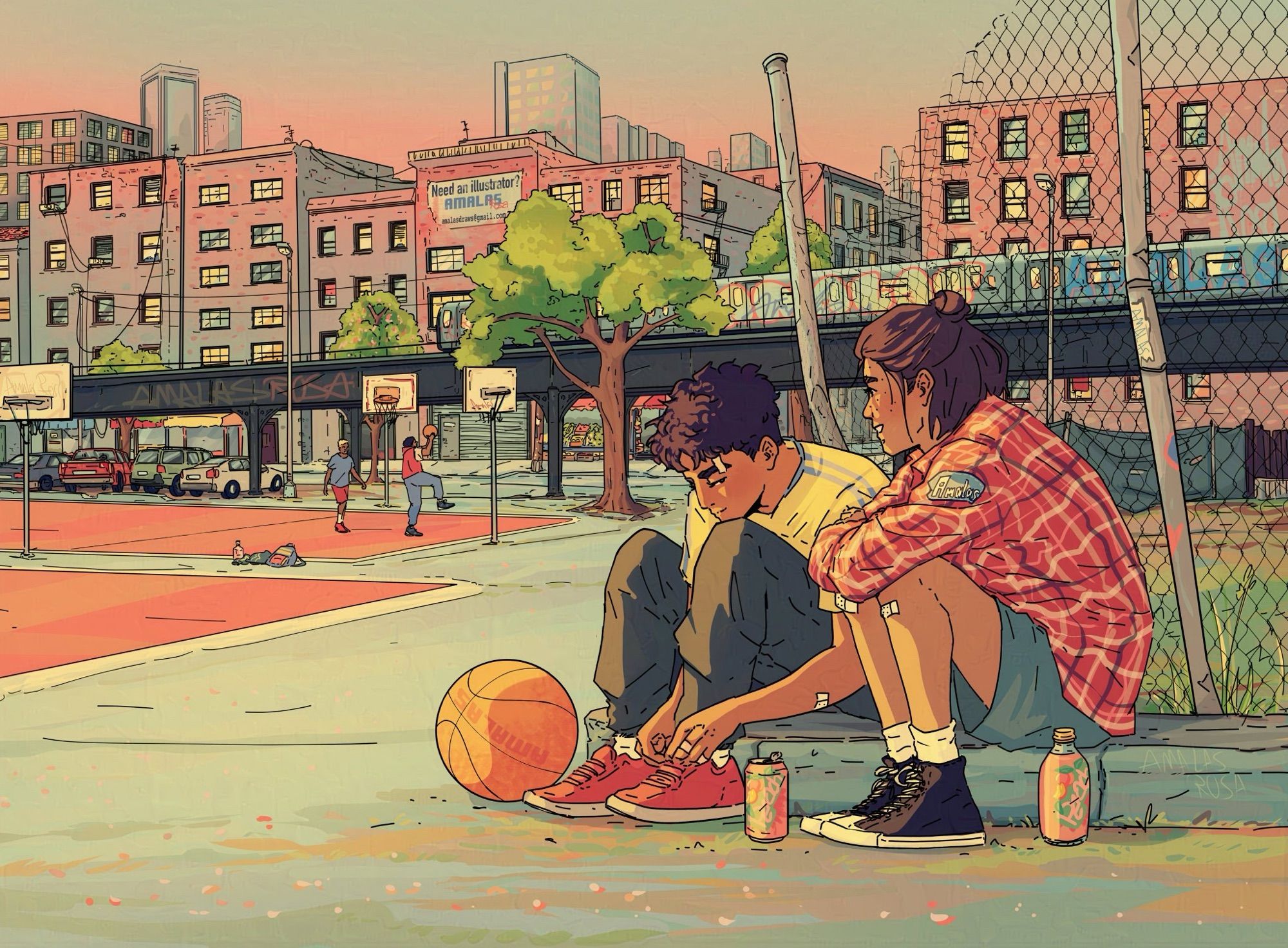 Digital art of original characters Aran and Tao as teenagers sitting in front of a basketball court, with the city behind them, as they drink peach soda 