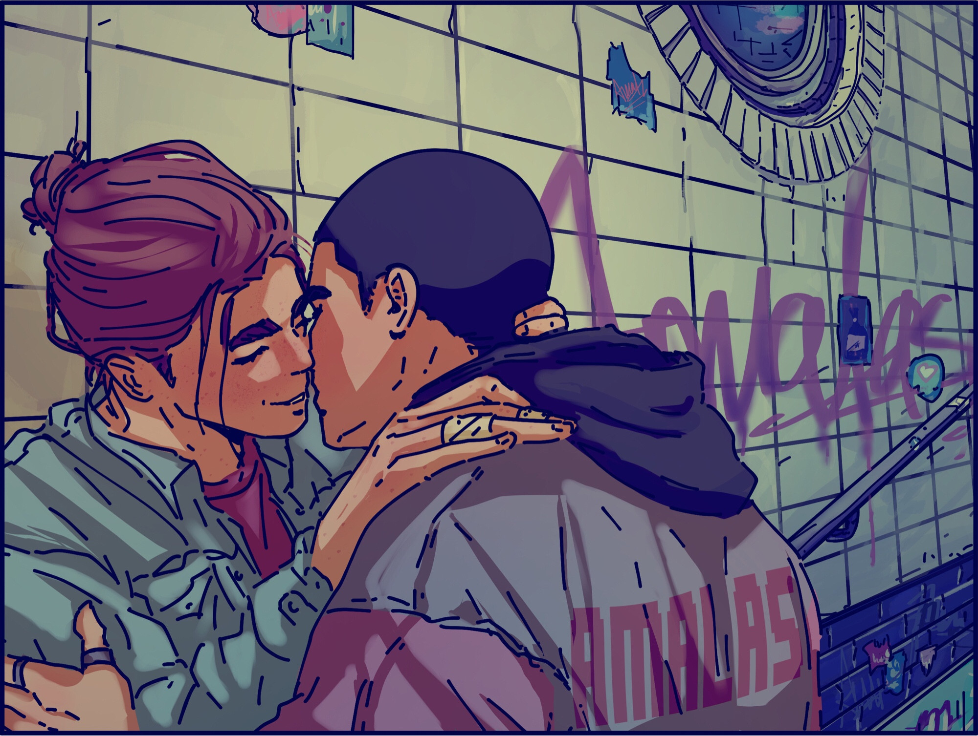 🏀🦀 digital artwork of original character Aran and Tao in the entrance of a subway leaning against the wall kissing.