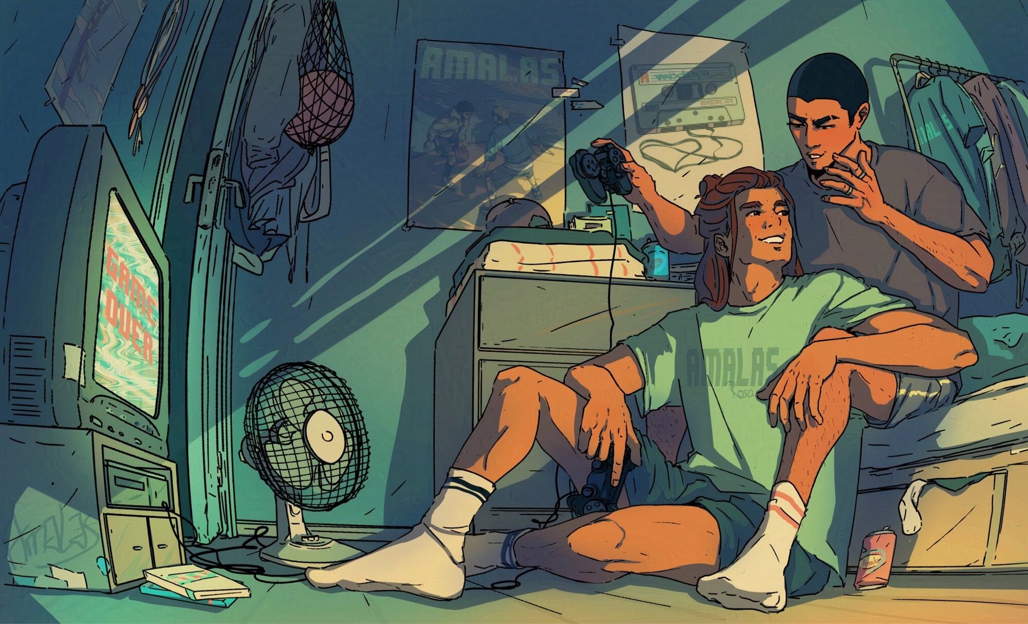 🏀🦀 digital art of ocs Aran and Tao sitting in a bedroom playing video games