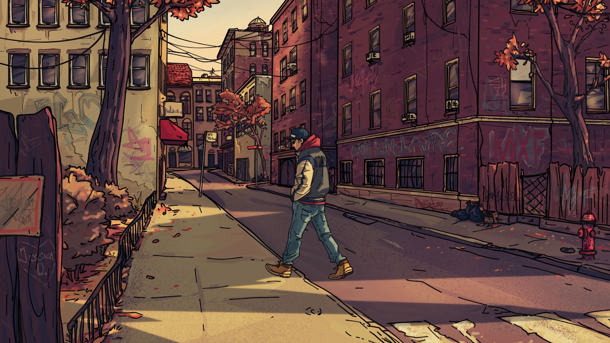 Digital art of a guy crossing a small side street in nyc. It’s autumn and the trees are full with colorful leaves. It’s a warm afternoon light, the sun is sitting low, but you see it’s still cold-ish as the guy is wearing a hoodie and a big college jacket, jeans, and timberlands