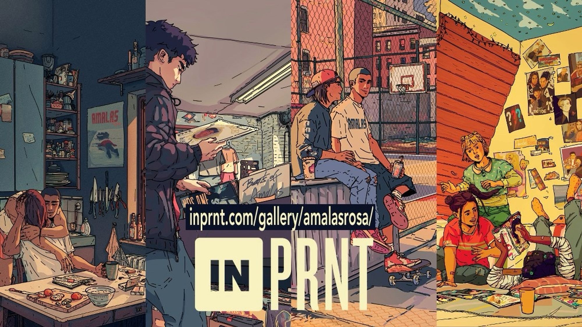 Collage of four of my artworks with the inprnt logo and my shop url in the middle