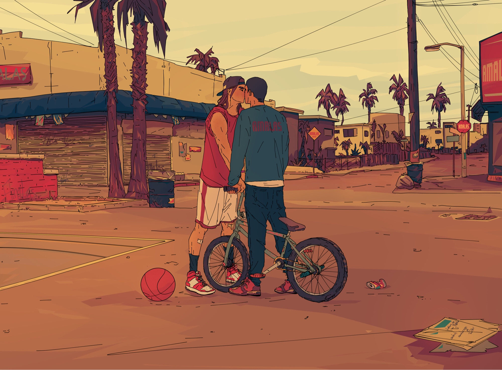 Digital art of ocs Aran and Tao at a hot summer day standing in front of a basketball court, sharing a kiss over the handlebars of Aran’s bmx bike