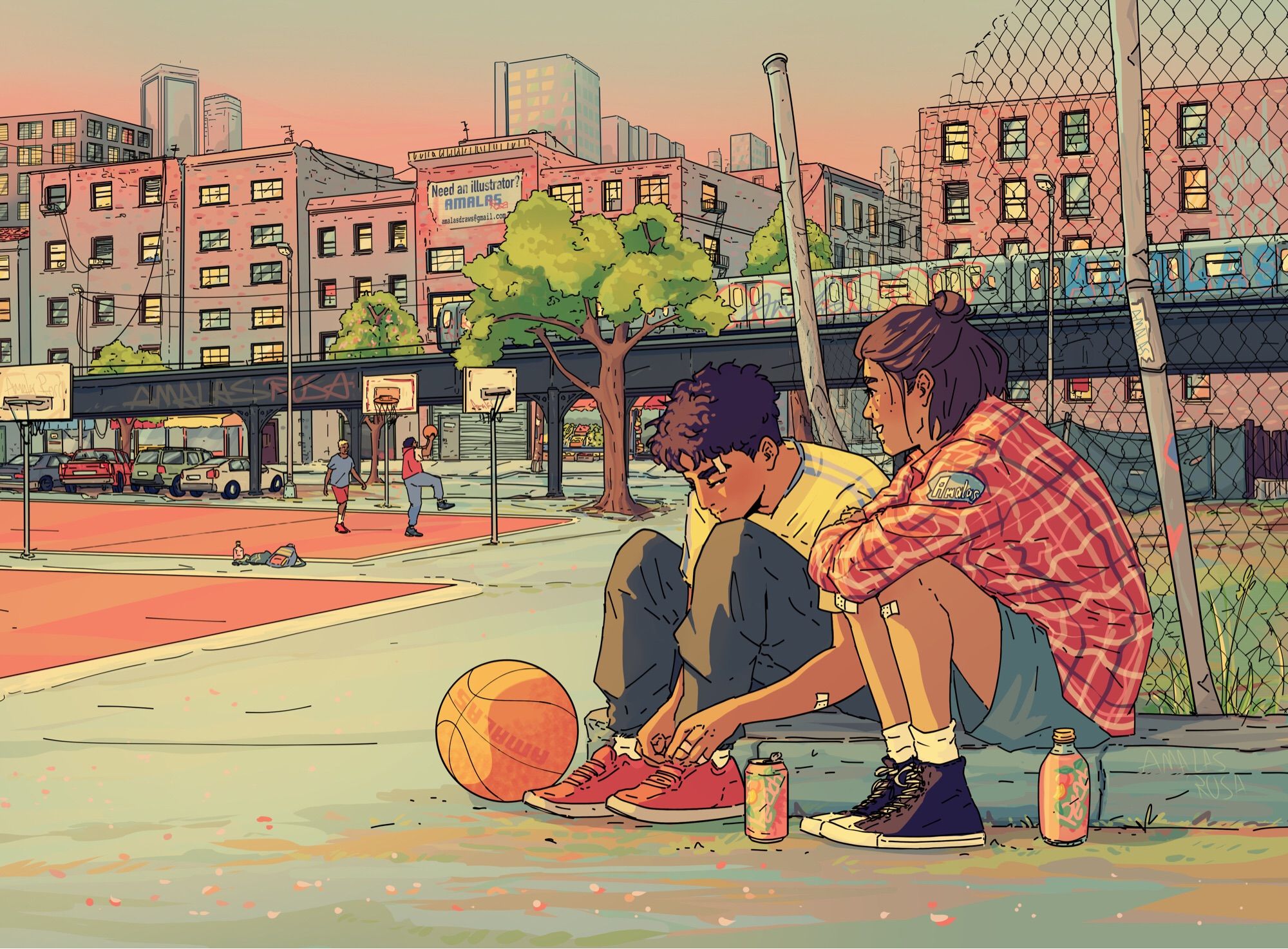 Ocs Aran and Tao as teenagers sitting outside in front of a city scene, with an overpass train and a basketball court in front. To their feet is a basketball and a peach soda drink for each. They look at each other a bit teasingly with a smile.