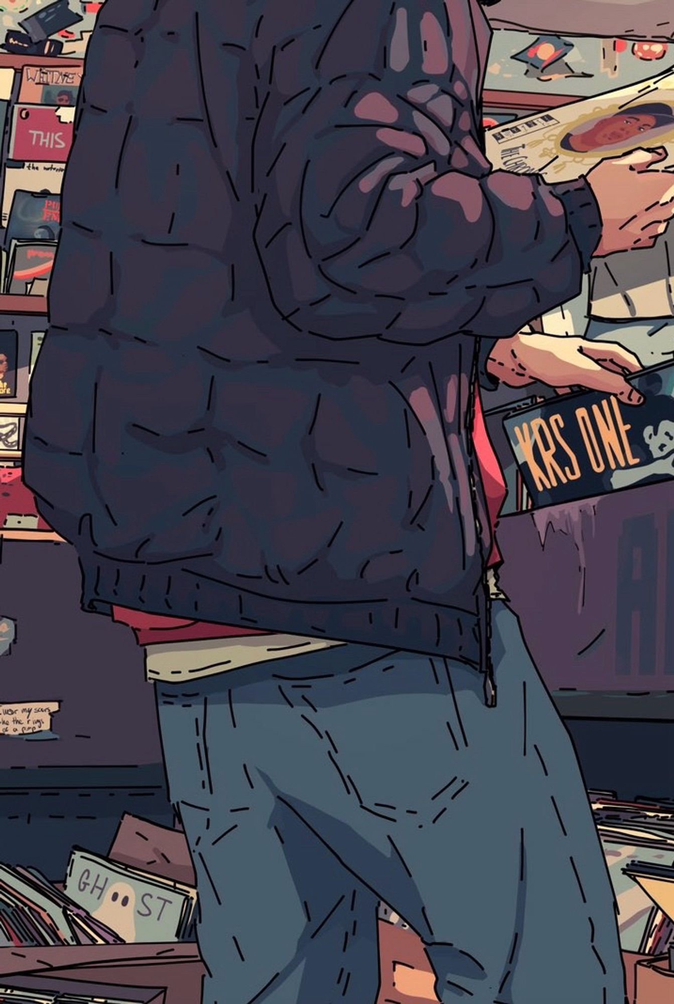 Close up on one of my artworks of young Aran standing in a record store looking at vinyl, him wearing big loose jeans that again hide his butt