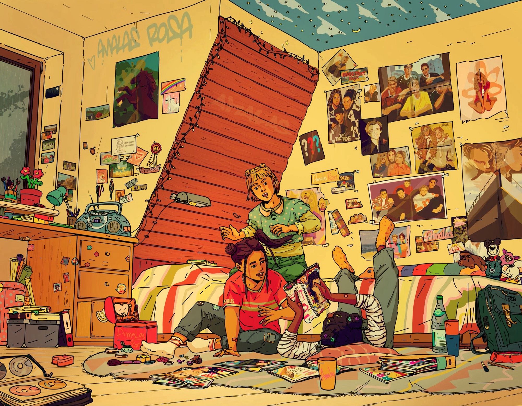 Digital art of three pre teen girls in a bedroom chilling together, reading magazine, laughing. They are surrounded by childhood clutter, magazine and late 1990s toys