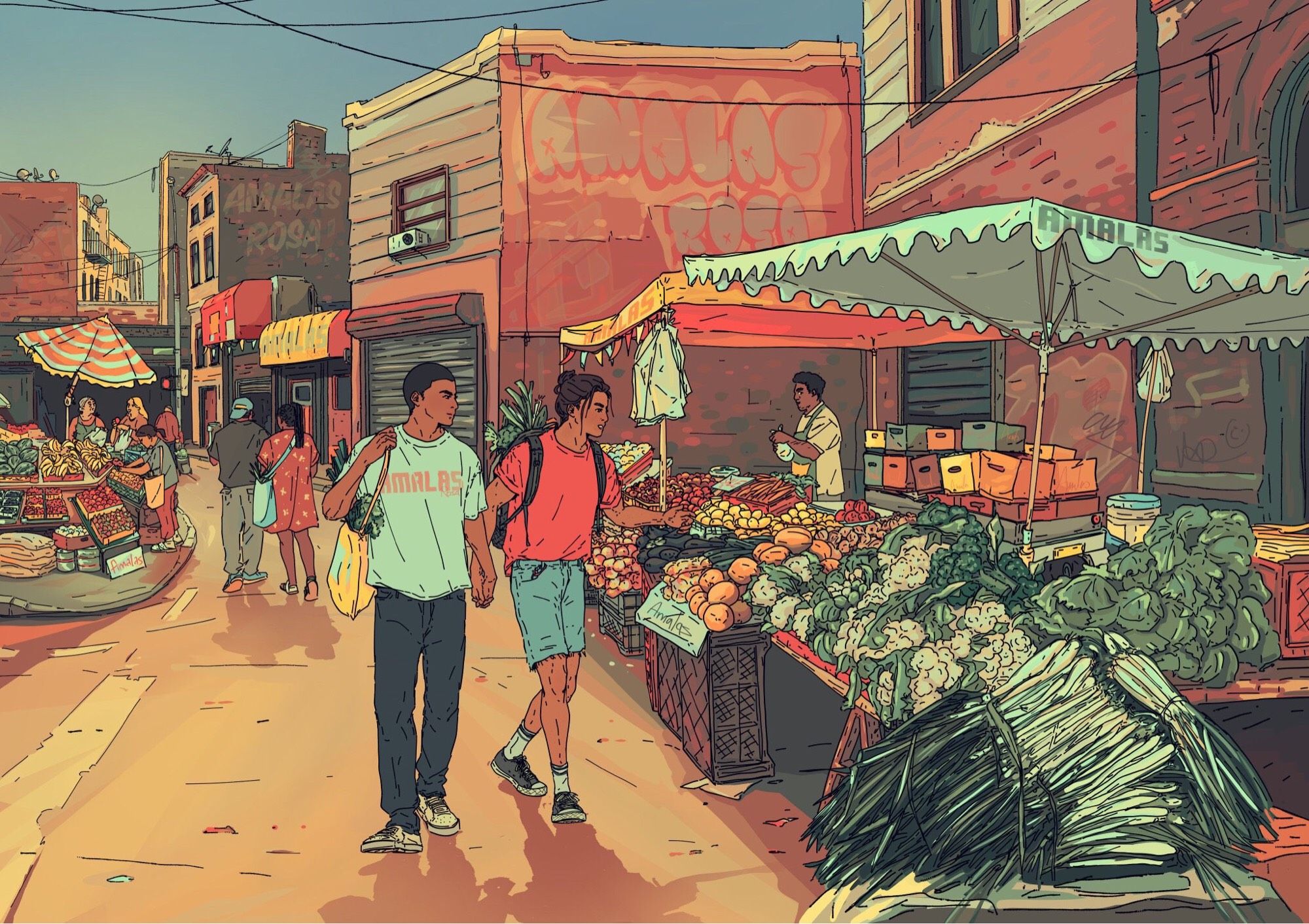 🏀🦀 digital art of ocs Aran and Tao holding hands as they walk down a street with some produce stands.