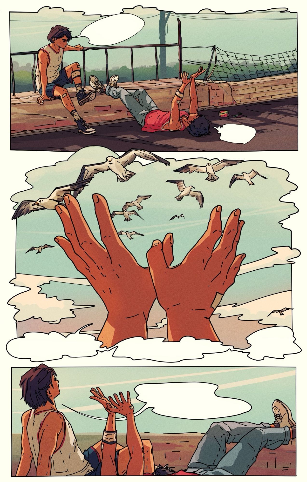 Comic page with original characters Aran and Tao as teenagers sitting on a rooftop and looking up at the birds in the sky 