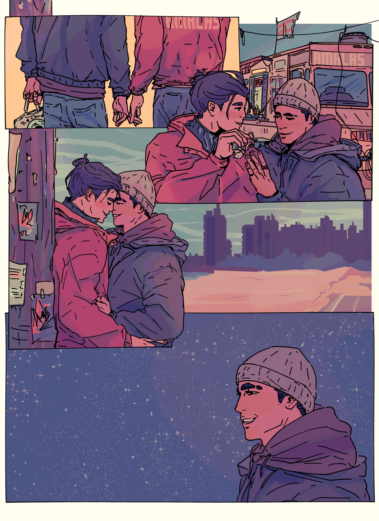 Digital art of Aran and Tao. A comic page showing a sweet collage of them. Almost holding hands, sharing a taco, and leaning against a electricity pole and almost kissing as they hold right to each other jackets