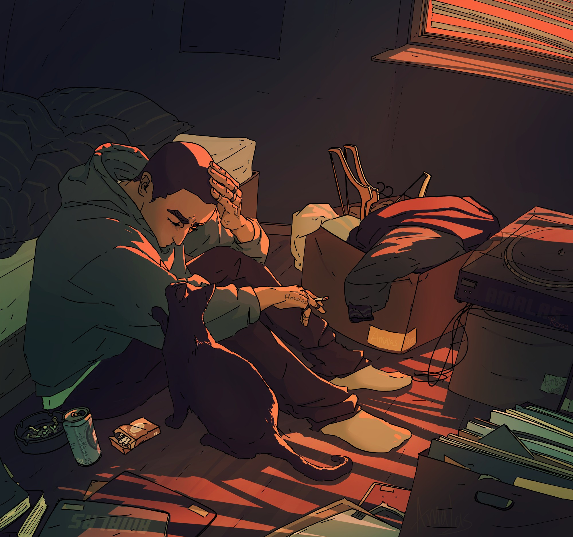 digital art of original character Aran sitting depressed with his head down, on the floor of a room with his cat. He is surrounded by half unpacked boxes and clutter. The room is dark and only enlightened red from a bright red light source outside that is shining through the window.