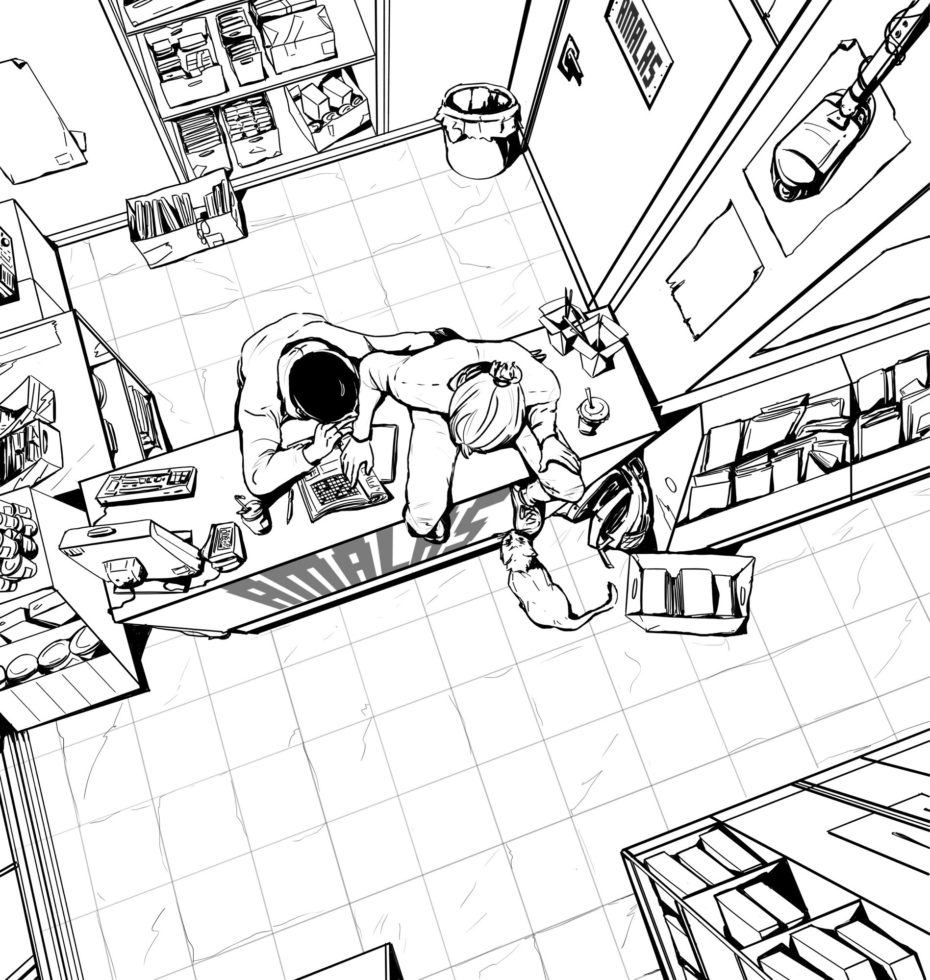 Lineart of a pic I did in 2020 of Aran and Tao sitting at the counter in a bodega doing crossword puzzle together.
It’s from a top view and the perspective wasn’t too easy and there are a couple of mistakes