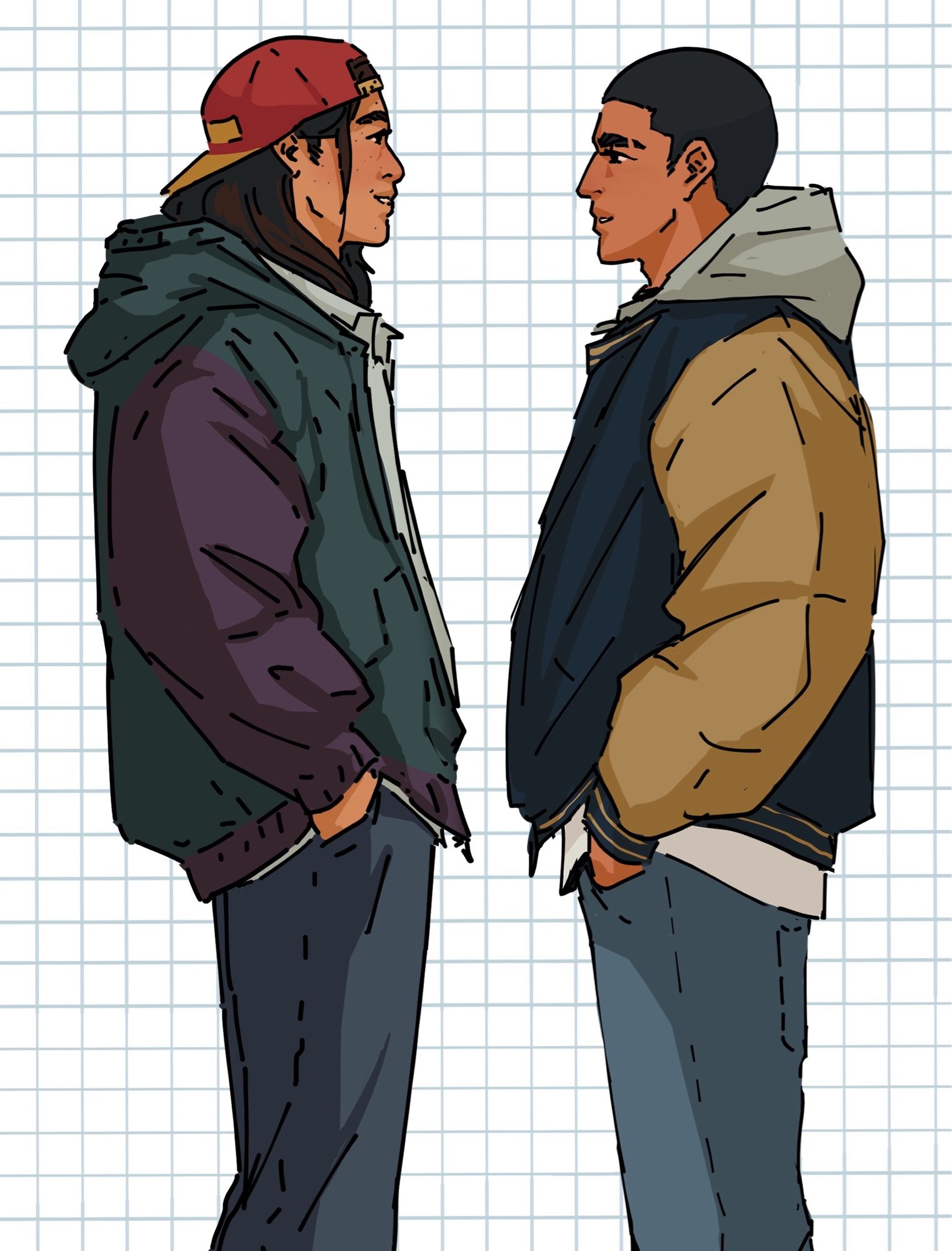 Digital art of original characters Aran and Tao in profile standing facing way other. They both wear loose jeans that don’t show their butts and just show a flat surface