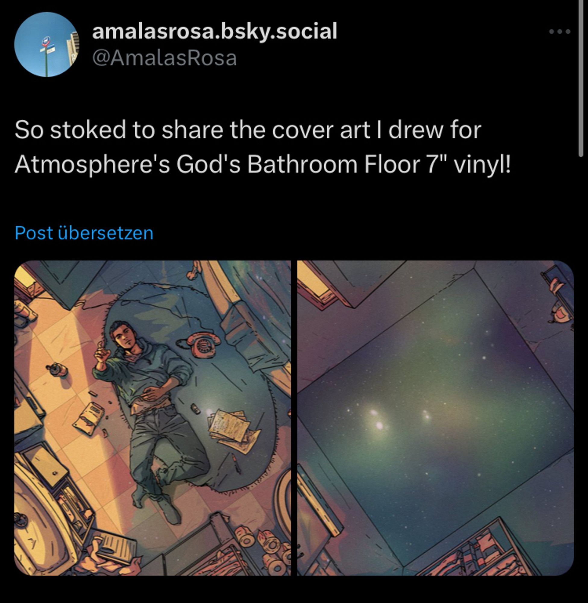 Screenshot of a Twitter post from 2021 of me announcing that I did the official vinyl cover for the Atmosphere song God’s Bathroom Floor, with the cover art underneath