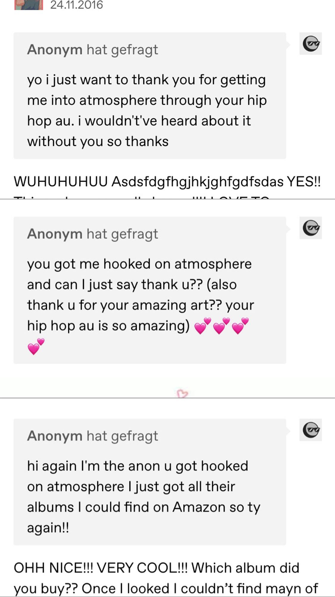 Screenshot of several anon messages on tumblr telling me how excited they are that they got to know of Atmosphere and their music due to my haikyuu iwaoi hip hop au