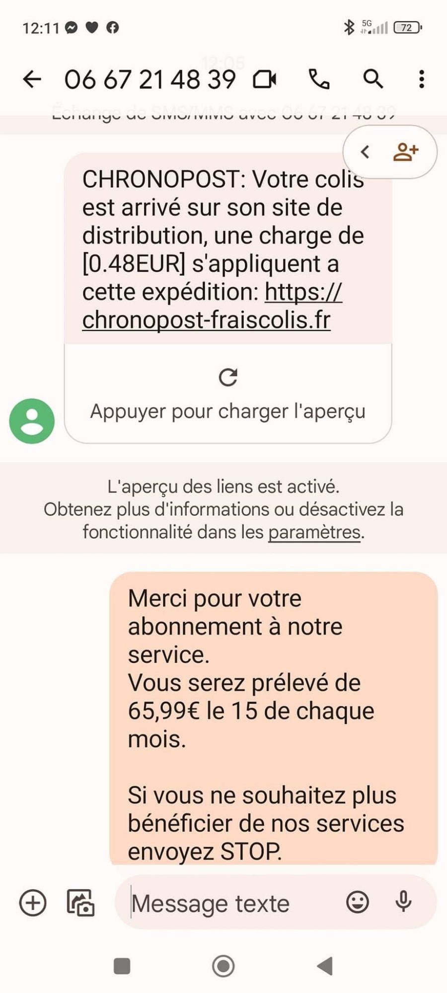 Réponse à une tentative de hameçonage.
Le con l'a fait avec un 06.