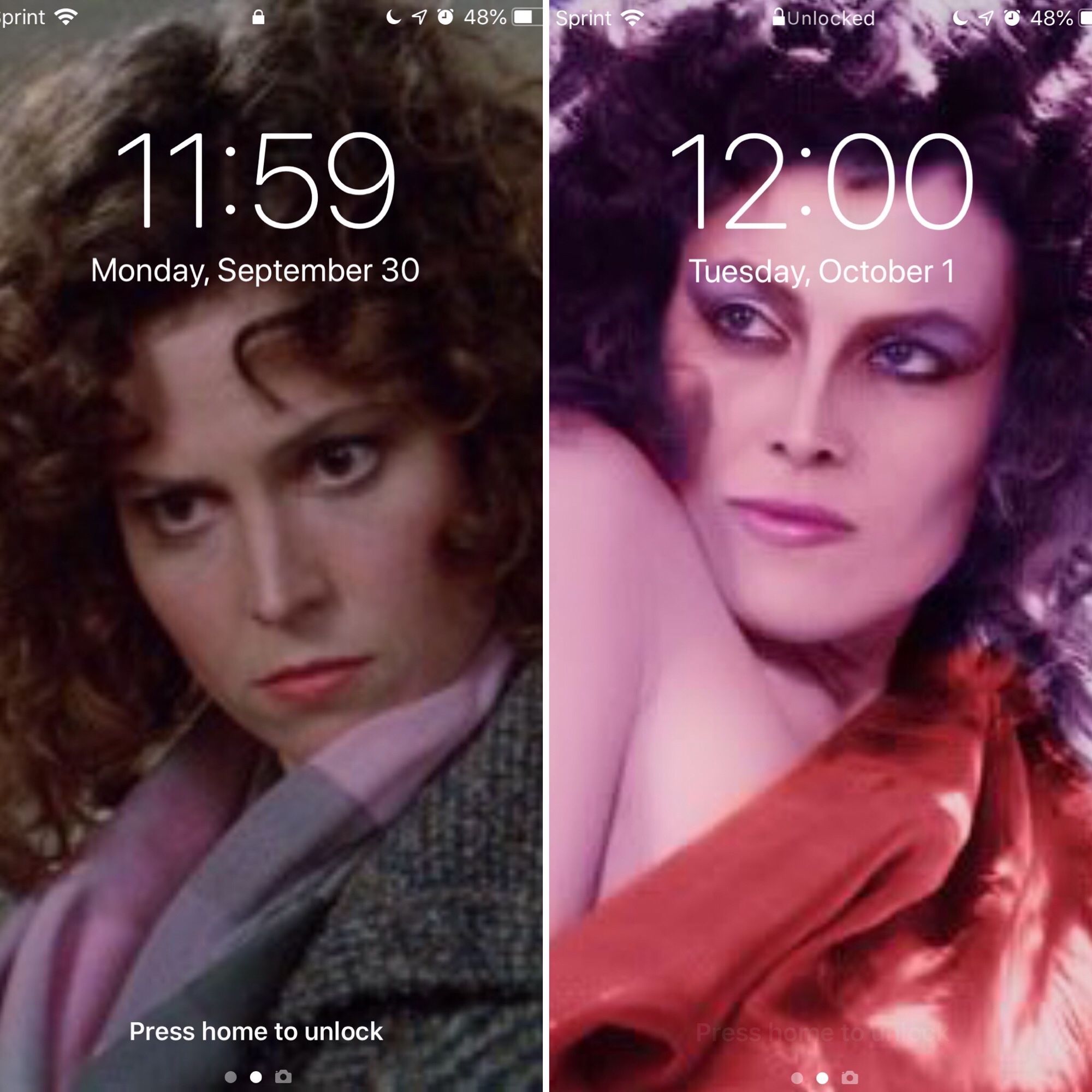 Two side by side phone lock screens.

Left: 11:59 Monday September 30
Dana Barrett (Sigourney Weaver, Ghostbusters) wearing a grey wool winter coat and pink scarf in normal makeup.

Right: 12:00 Tuesday, October 1

Zuul has taken over the body of Dana Barrett and she vamps in an off the should red shirt and slutty hot eye makeup.