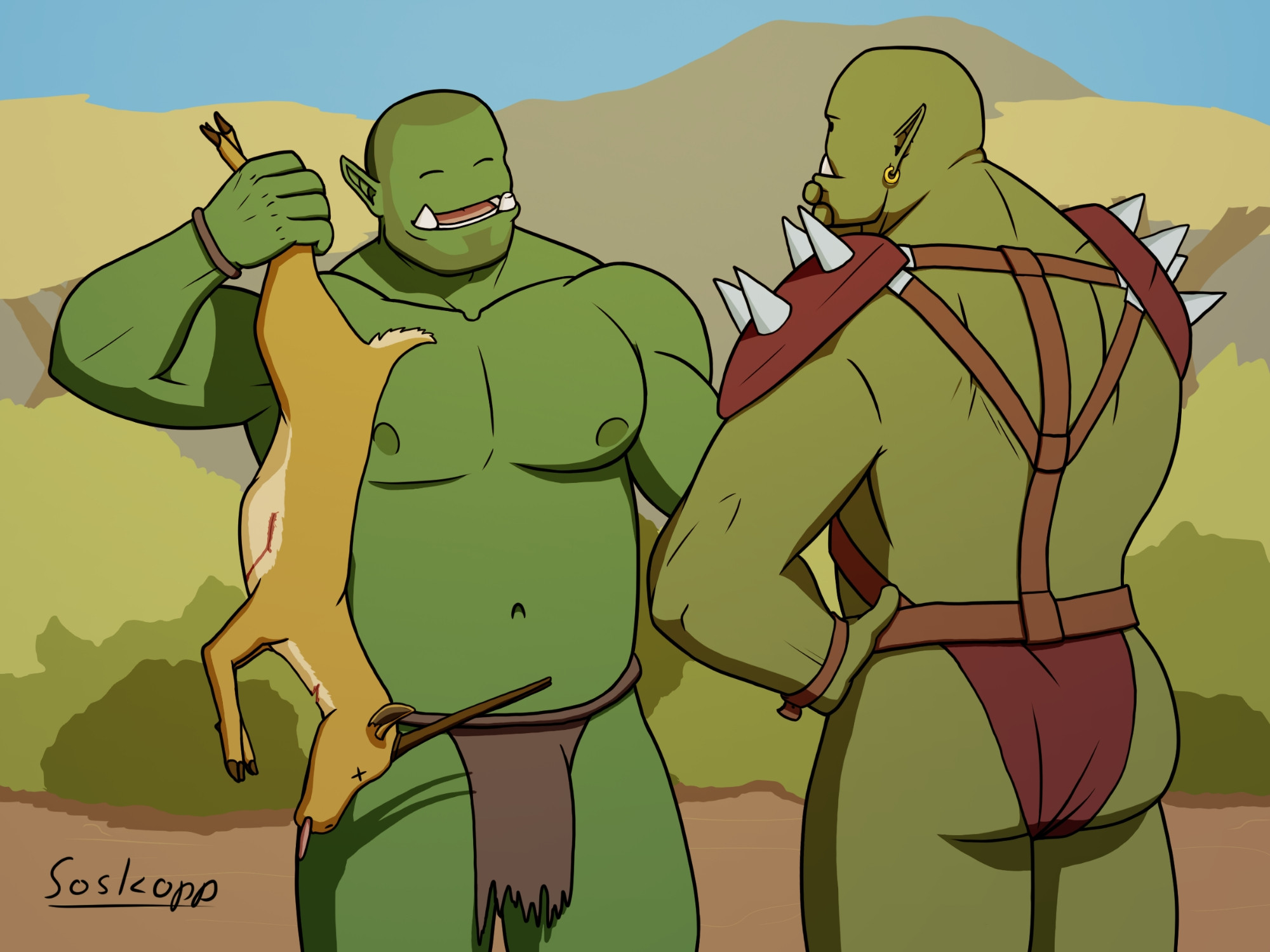 A digital drawing of two male orcs, standing face to face. The left orc is presenting a dead gazelle-like animal to the right one, who is curiously stroking his chin. In the background are various shrubs, bushes and acacia trees, as well as a mountain. 

The artwork consist of black outlines with flat colors and shading. The art style is rather simplified, both orcs lacking noses and the right one's visible eye begin just a dot. 

The left orc has green skin, a shaven but stubbly head and beard, as well as two tusks, of which the left one's tip is chipped off. He wears a simple brown loincloth and a band on his right wrist. His eyes are closed in a friendly smile, as he's talking to the right orc. 
The right orc's skin is a different, more yellowish shade of green. He is turned away from the viewer. He wears red shoulder pads with four spikes each, both attached to a harness, wich in turn is attached to a belt. Also attached to the belt is a red cloth, which covers his butt and runs through the groin to the front. He also wears a small belt on his left wrist, and a golden earring in his left ear. 