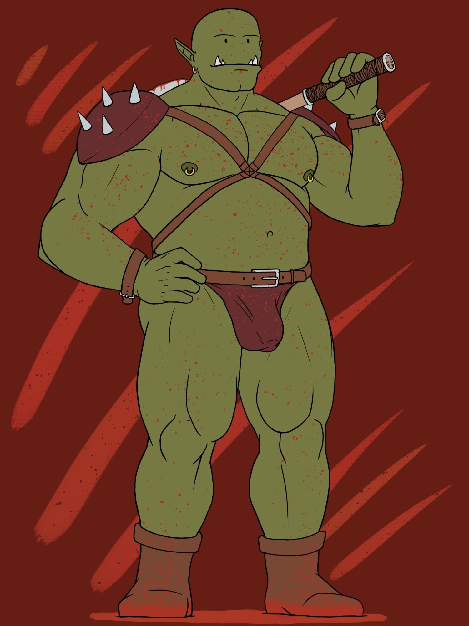 A digital drawing of a male orc warrior, standing with an axe over his shoulder in a puddle of blood, and being covered in blood splatters. He smiles slightly. The artwork consists of black outlines and flat colors. There's no shading. 

The warrior is wearing spiked shoulder pads, leather stripes crossed over his chest to fixate them, a leather belt with a simple cloth covering his genitals, but leaving little to the imagination, leather wristbands and leather boots covered in blood. He has a shaven head and face, a sports to pairs of tusks, the inner pair being smaller. His skin is green. 
The background is dark red, covered in large claw marks in the same color as the blood, wich is bright red.