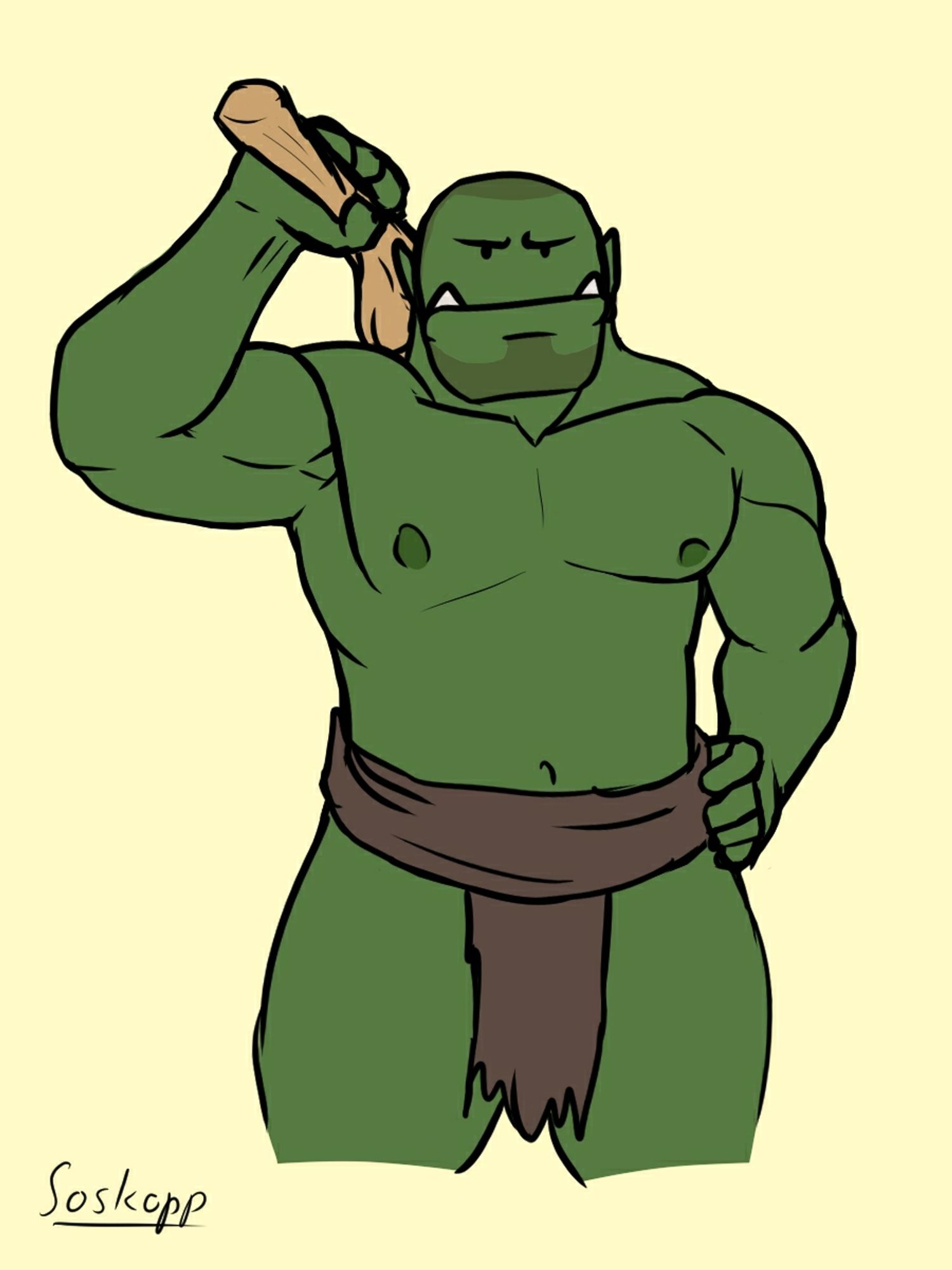 A digital drawing of a male orc in a simplified style. It consist of black outlines and flat colors without shading. The orc is wearing a brown loincloth and a wooden club over his right shoulder. He has green skin, dark green nipples and a shaven head and beard. Tusks are emerging from his massive lower jaw. His expression is stern. He's drawn without a nose. The background is pastel yellow. The artist signature is in the lower left corner, reading "Soskopp".