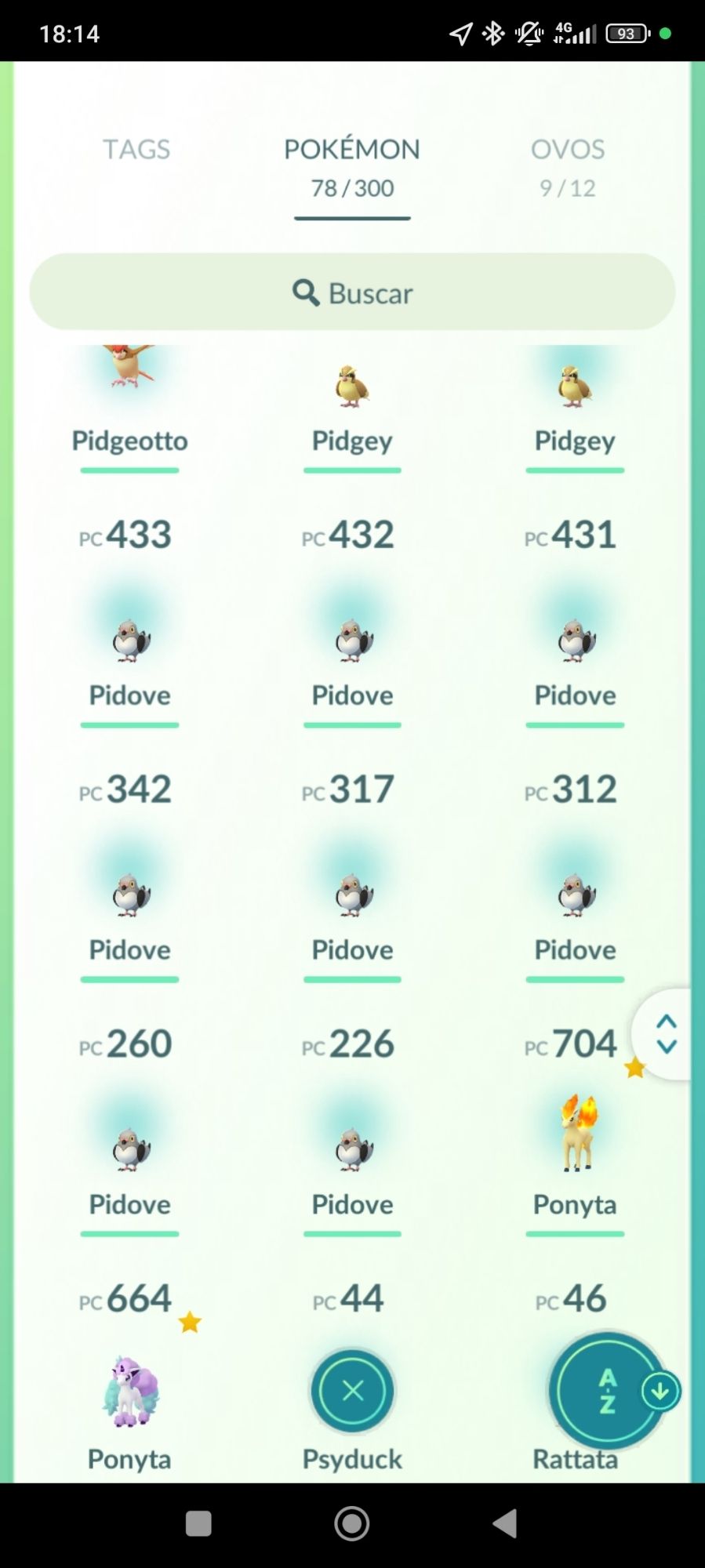 Print do pokémon go de uma caralhada de pidove