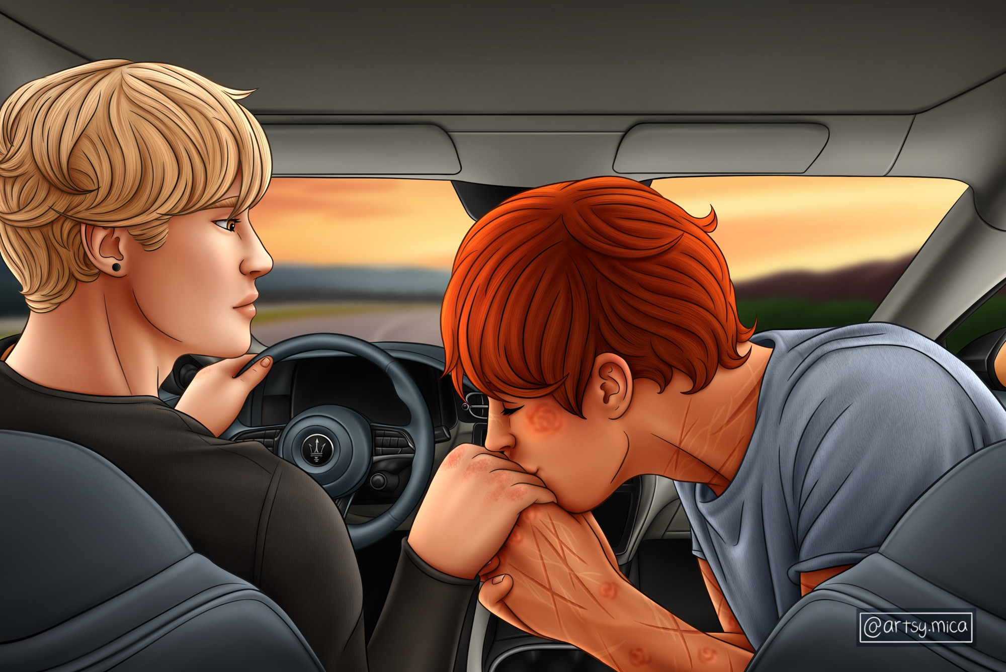 Andrew Minyard driving while Neil Josten holds one of his hands and kisses it.