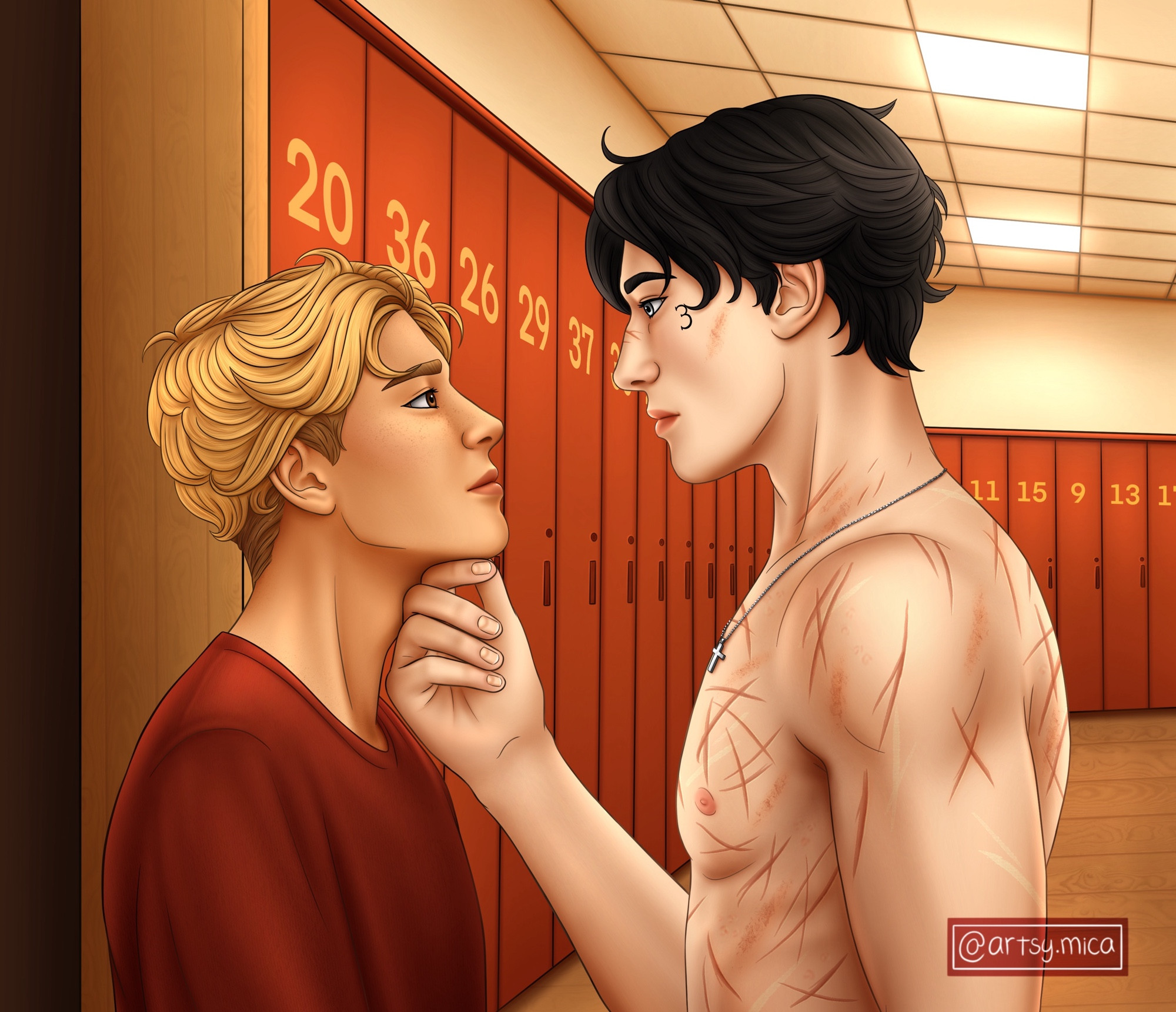 Jeremy and Jean in the Trojans’ locker room. Jean is tilting Jeremy’s head up to make him look him in the eyes and not at the scars on his chest. 