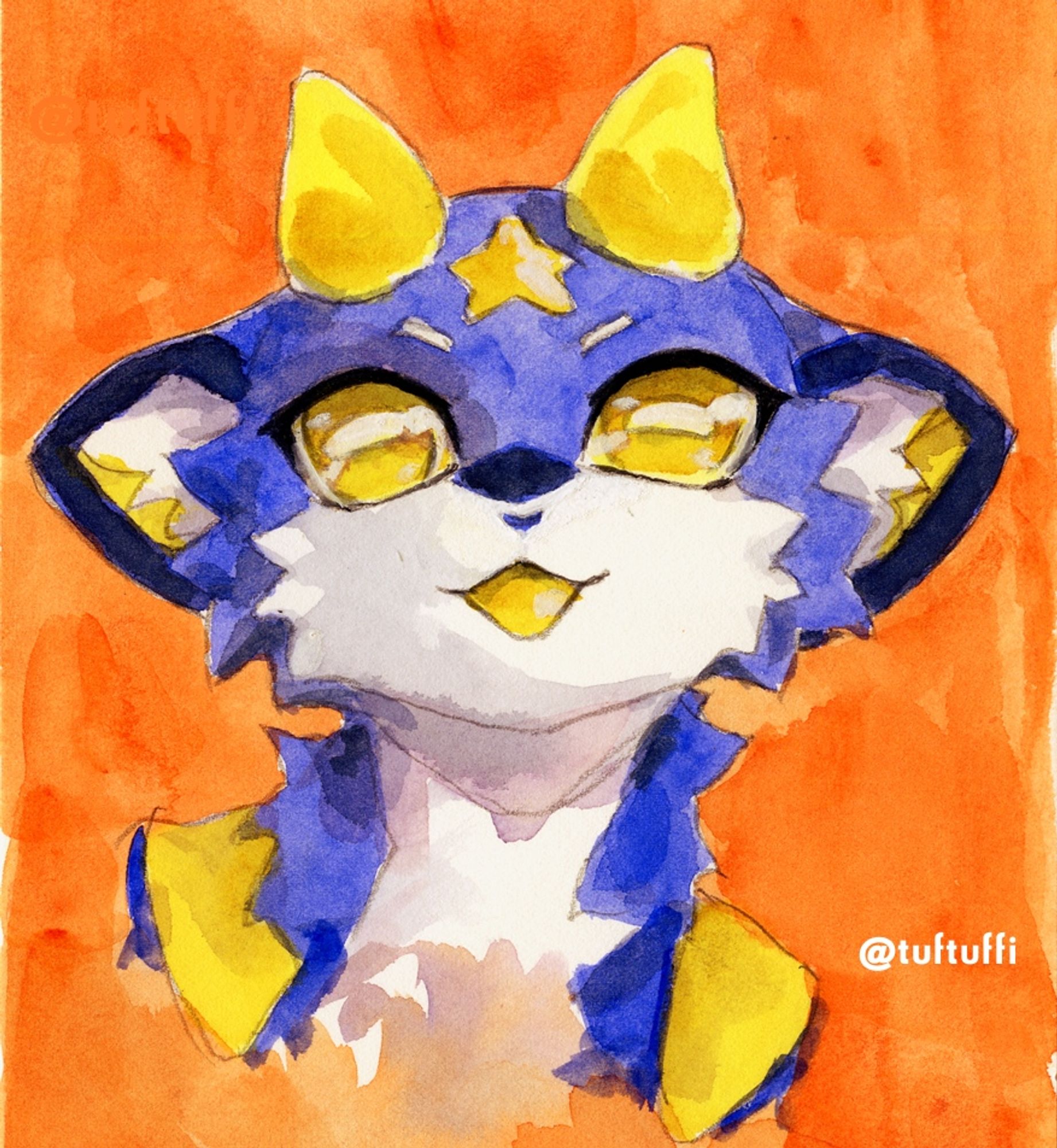 Painting of a furry blue creature with yellow horns