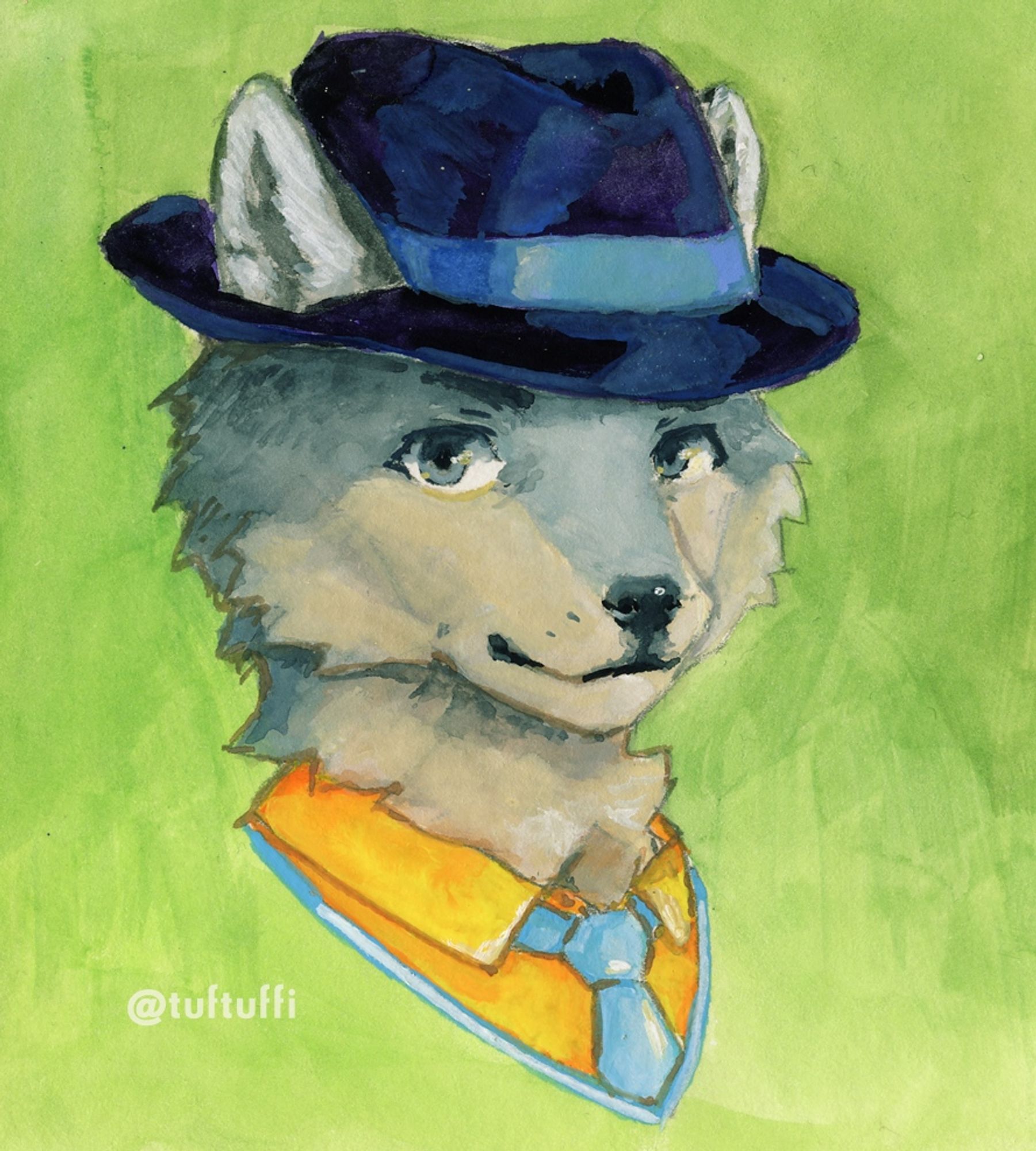 Painting of an anthro wolf with tie and hat