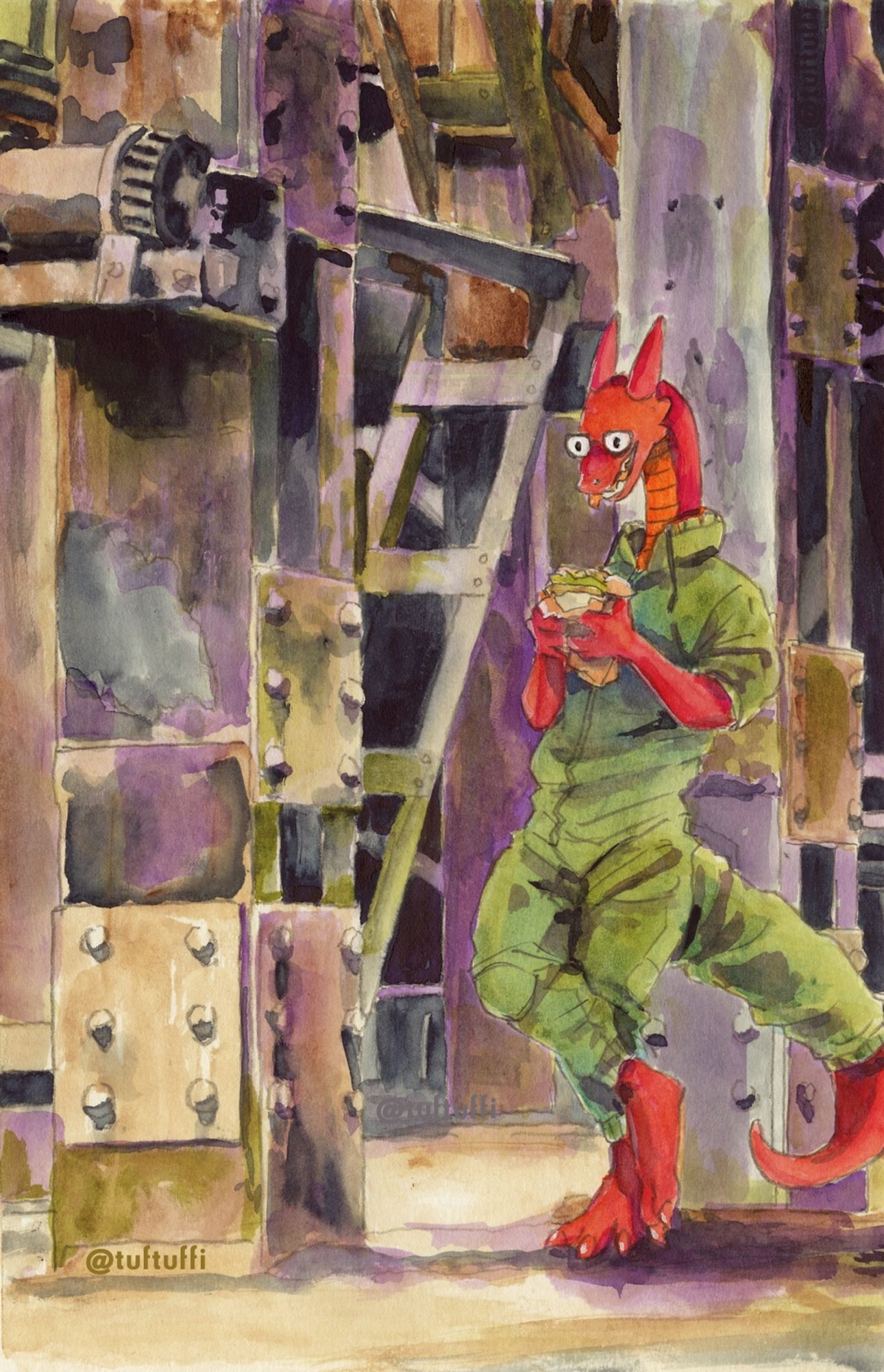 Watercolor painting of a red dragon in a green overall, about to bite into a sandwich