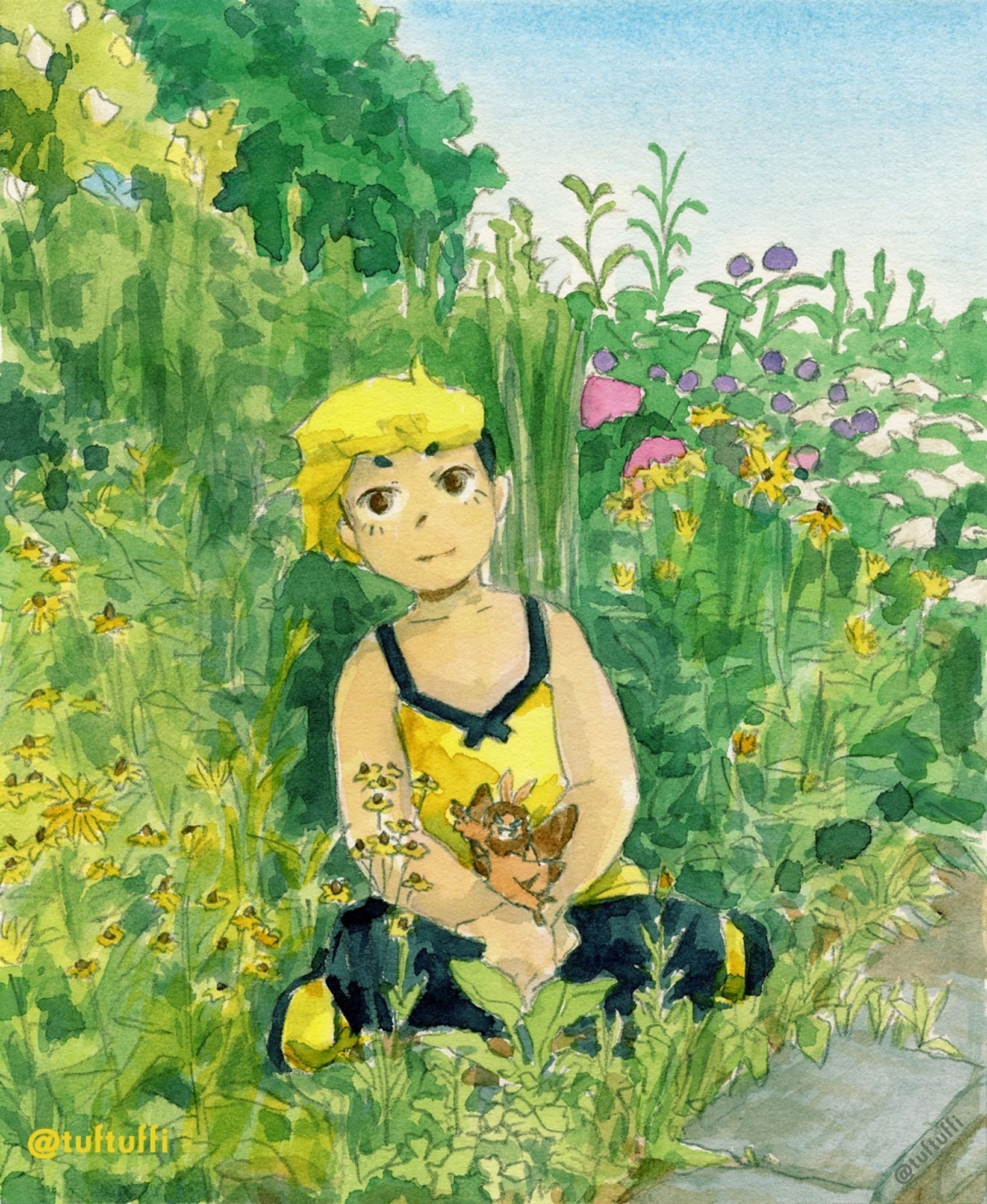 Painting of a person with yellow and black clothing sitting between flowers. A brown fairy is sitting on their lap.