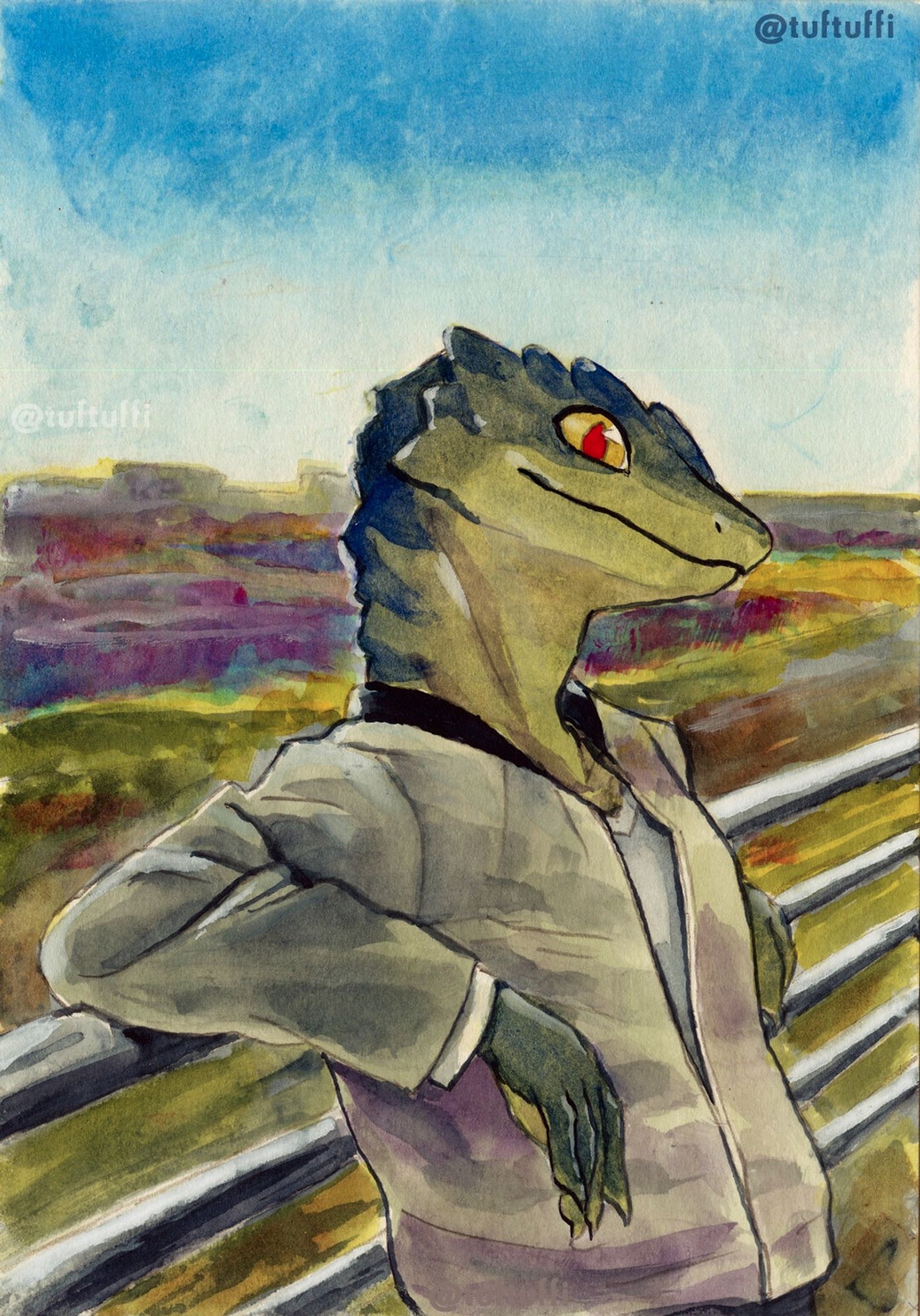 Watercolor painting of an anthro lizard leaning on a railing