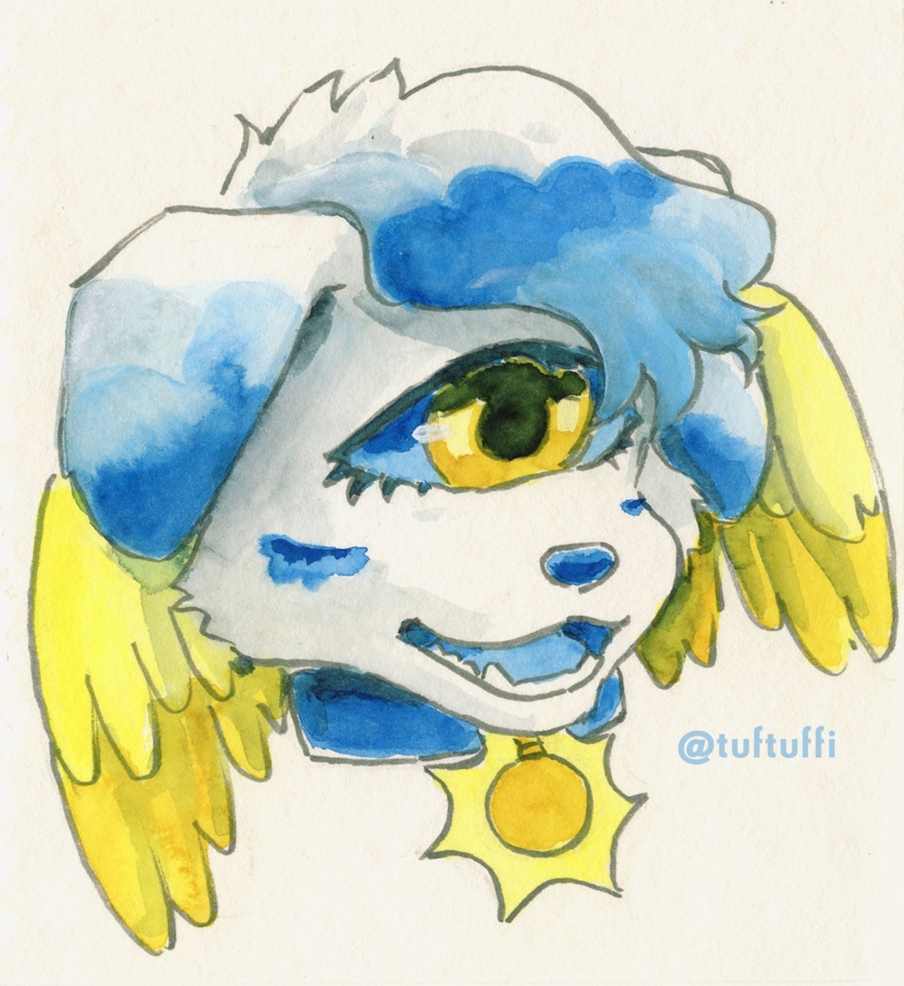 Watercolor painting of a one-eyed dog creature with yellow wings