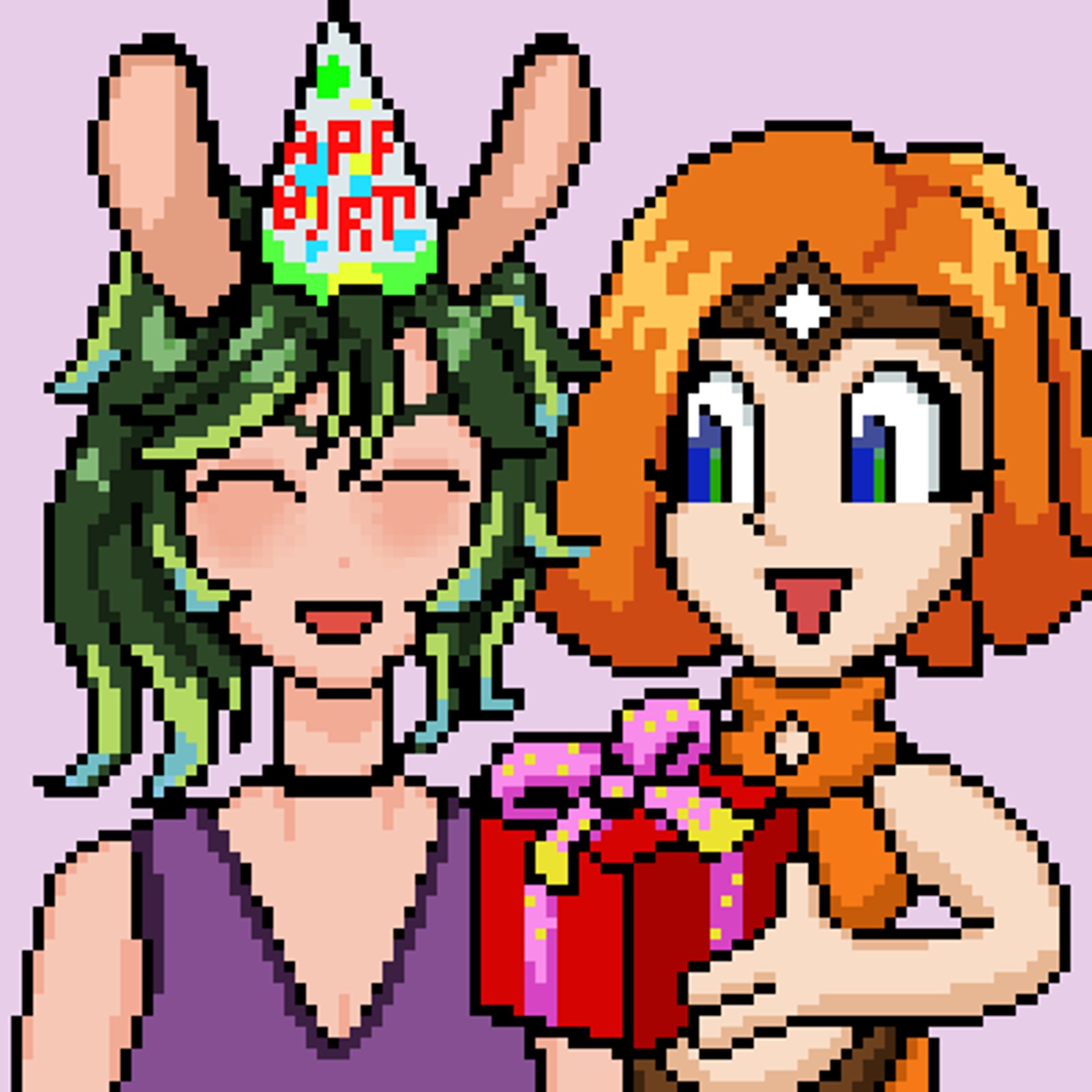 Amphy the Clownfish Genie offering a gift to Misa Deluxe, the Bunny Girl VTuber from the Future, who is wearing a birthday hat.