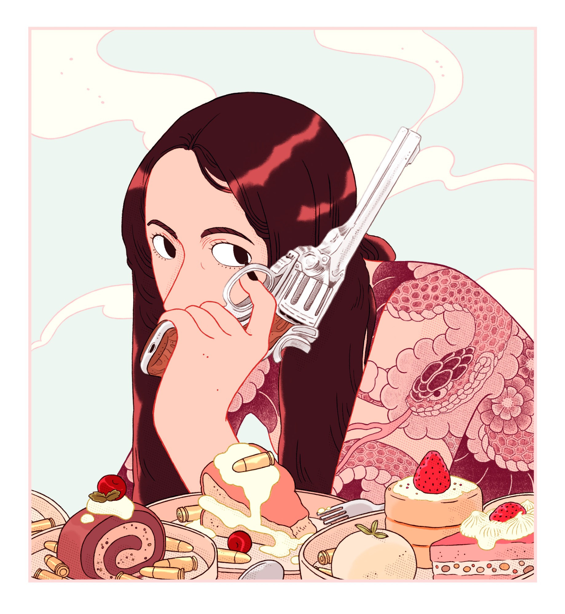 Girl covered up in snake tattoos, holding a smoking gun and looking right to the viewer. There's a table full of cakes and discarded bullets on their plates. Digital artwork, pastel colors. 