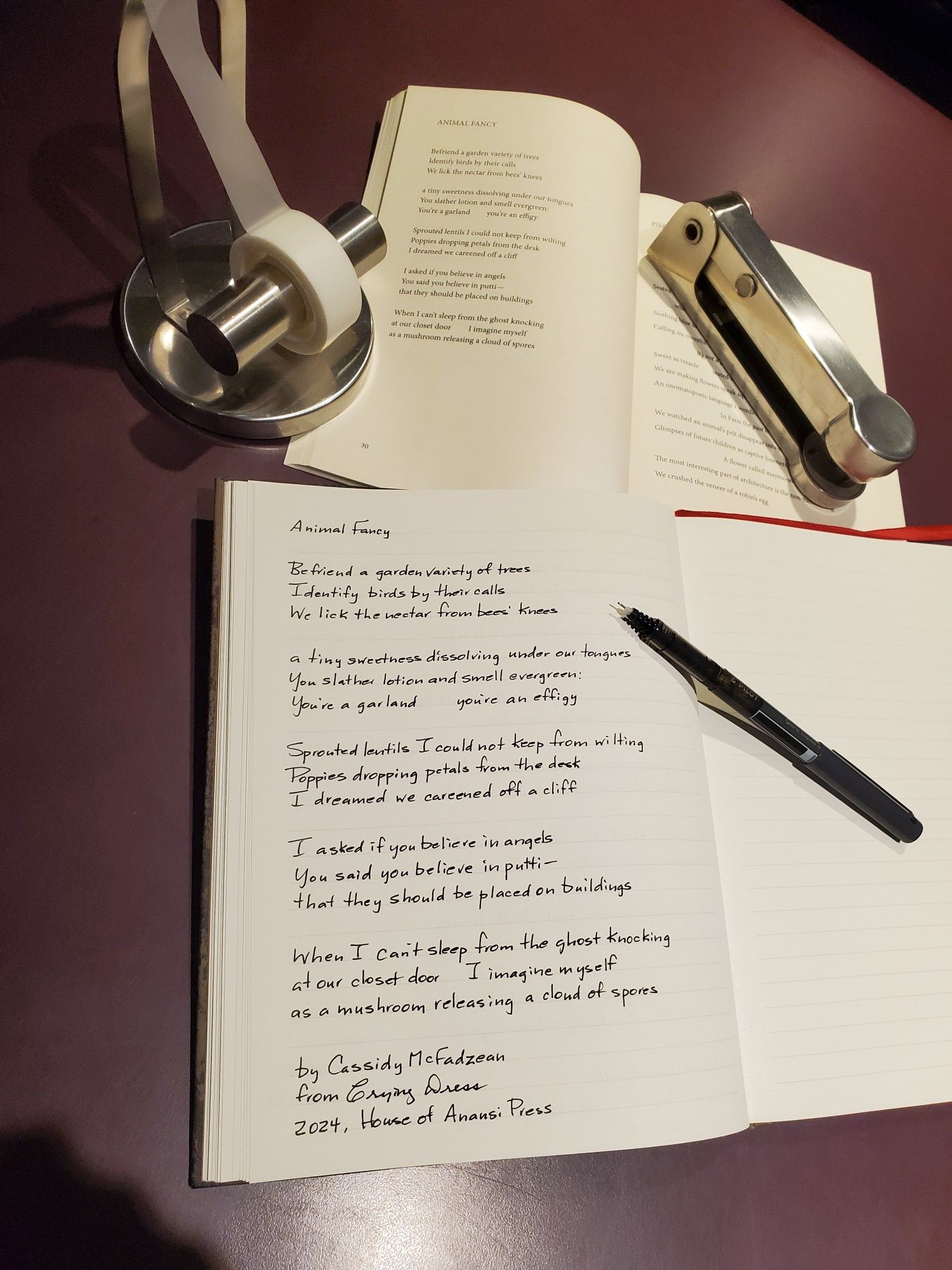 Handwritten transcription of the poem "Animal Fancy" from the poetry collection Crying Dress by Cassidy McFadzean - the book is held open with shiny metal office desk accoutrements (tape dispenser and stapler), and an uncapped black pen rests on the notebook page