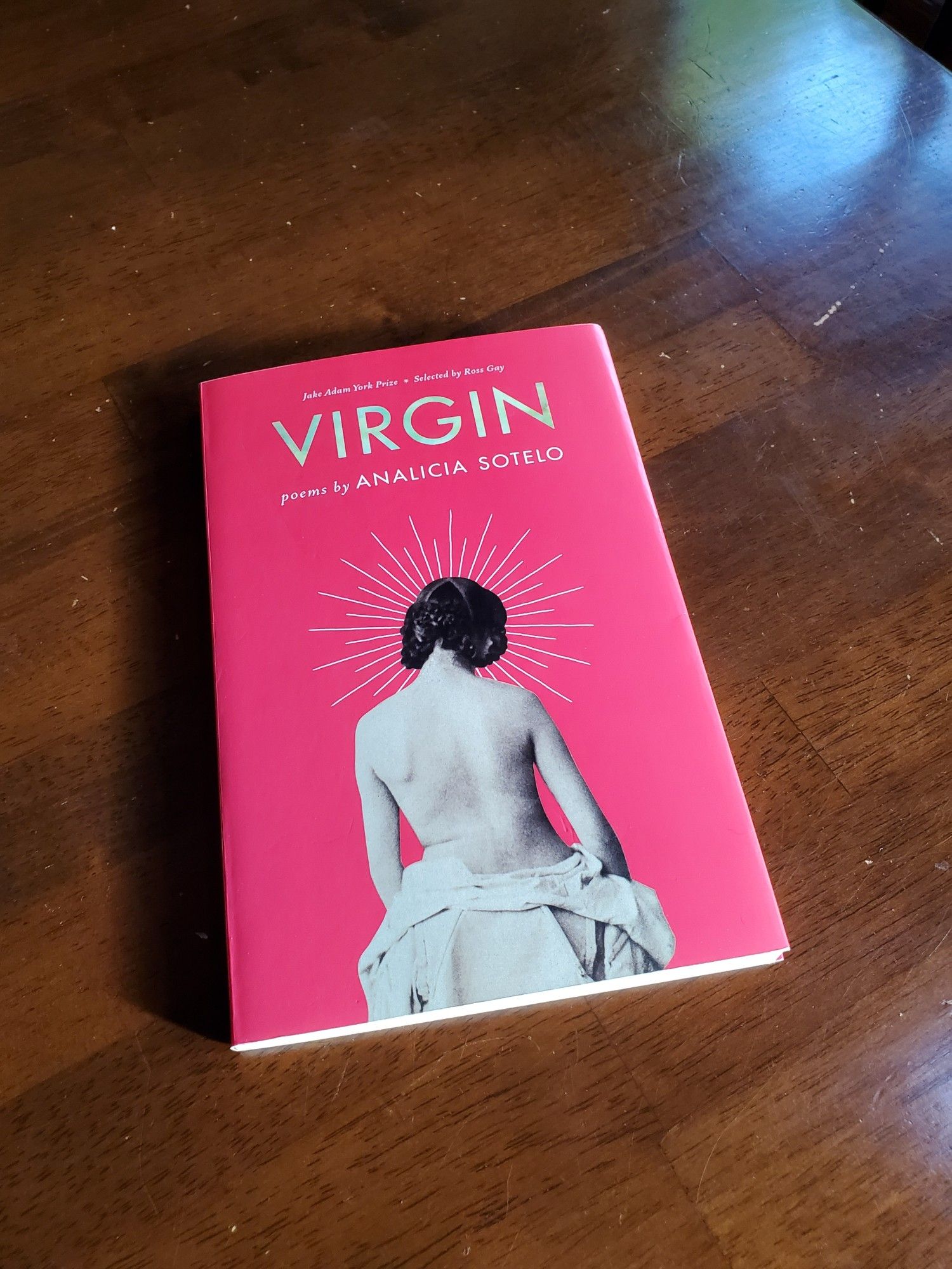 Poetry collection Virgin by Analicia Sotelo (Milkweed Books), with a striking Venus-like figure on the cover, sits on a wooden table in the morning light