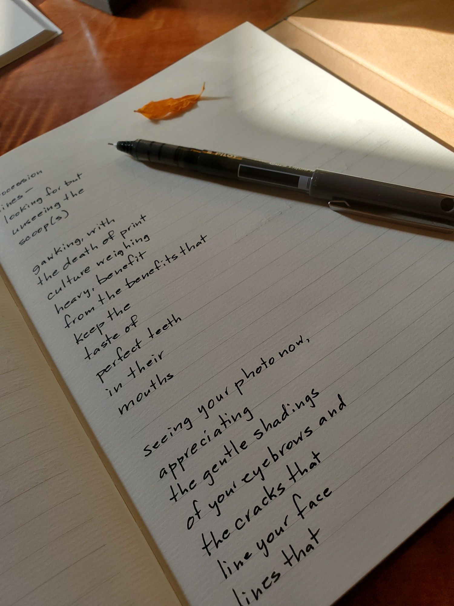 Close-up of a handwritten transcription of the poem "Woman Making Tea" from the poetry collection Creeland by Dallas Huntc