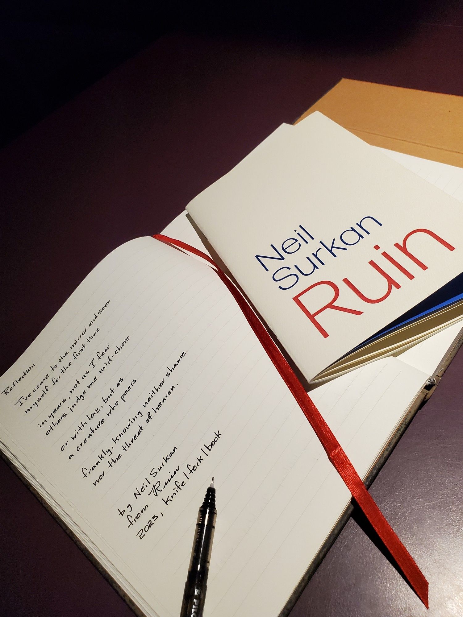 Poetry collection Ruin by Neil Surkan (knife | fork | book), with its elegantly simple cover, sits on a notebook page next to a handwritten transcription of the poem "Reflection" from that collection