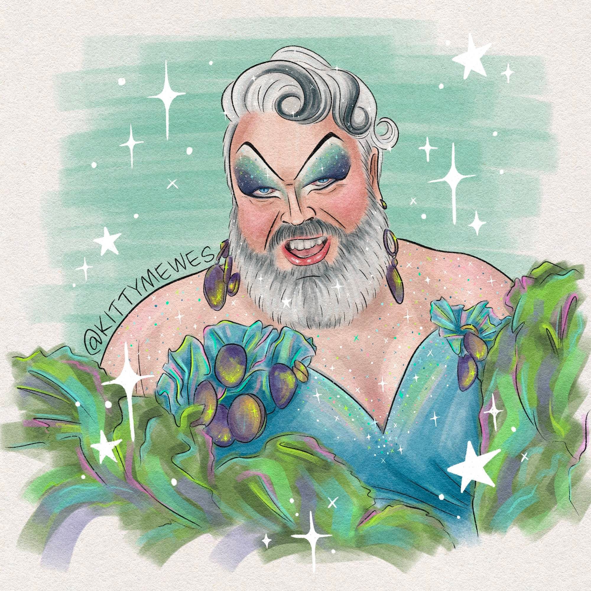 A digital drawing highly stylized to look like a slightly messy traditional alcohol marker drawing of Wee John from Our Flag Means Death dressed in drag as Calypso from the chest up. Everything from his Divine inspired eye make-up to his beard, to the top of his sweetheart neck gown is covered in individually drawn sparkles.