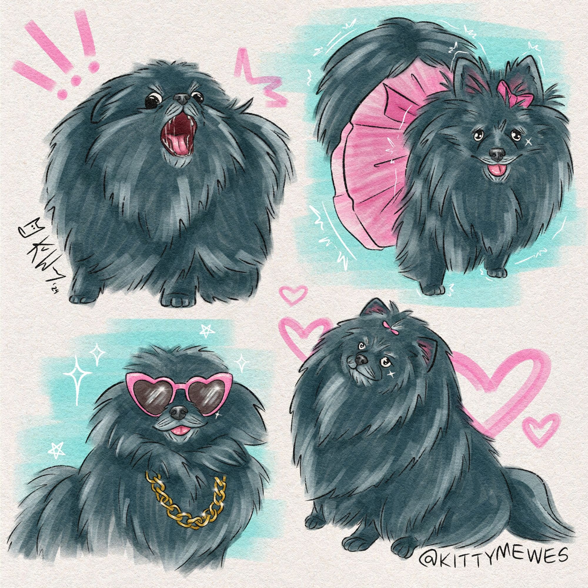 A collage of 4 messy digital doodles stylized to look like marker drawings on textured paper. They're all of PomIzzy (a black Pomeranian with an x marking by its eye).

In the first his ears are back and his teeth bared as he barks. In the second he's dressed up in a pink tutu and hair bow, tongue out and shaking nervously. In the third he is tongue out smiling wearing pink heart sunglasses and a gold chain. In the last he's sat like he's posing for an 80s mall glamour portrait with a teeny tiny pink bow on his forehead.