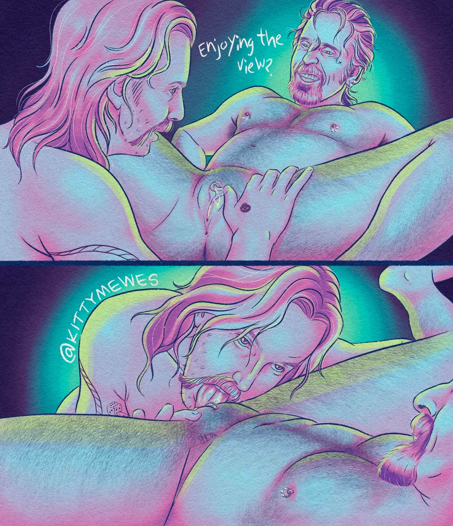 A second page in the same technicolor with two panels. 

The first panel has Izzy looking down at CJ between his legs with an open mouthed smirk while asking "enjoying the view" as Jack spreads him open look at him. 

The second panel is the view down Izzy's body as Jack finally "gets to work"- his mouth open and tongue wet.