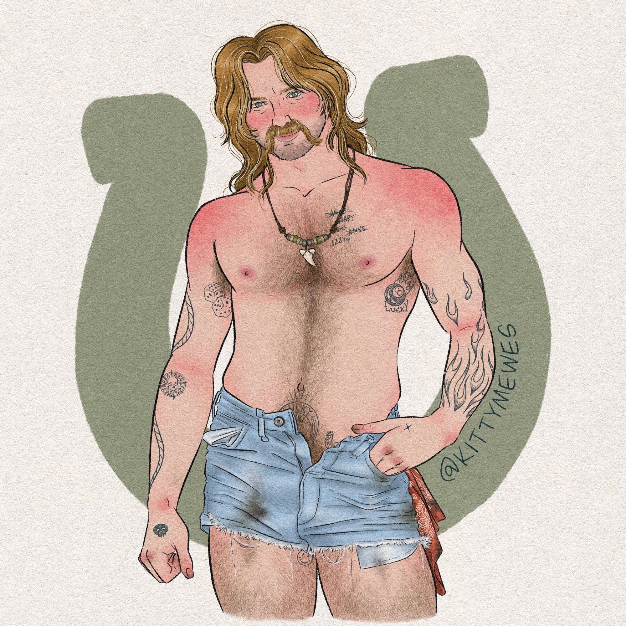 A digital drawing of a "modern" (70s leaning) Calico Jack from Our Flag Means Death. Jack is standing with one hip cocked and one hand in the pocket of his incredibly short dirt smudged cut off jean shorts, his hairy chest and treasure trail on full display. The shorts are unbuttoned and nearly fully unzipped, a oil smudged rust coloured bandana hangs from the back left pocket. His head is cocked to one side as he smirks at the viewer, his long mussed hair falling over his shoulders. He has his signature mustache, a beaded shark tooth necklace, and a smattering of cheesy tattoos including multiple crossed out names over his heart (Anne, Mary, Ed, Anne again, and Izzy not yet crossed out), a horseshoe that reads "Lucky You" peeking out of his open shorts alongside a rooster, and stylized "tribal" flames where the burn scars on his left arm would be. He oozes a particular kind of charm. OOZES IT.