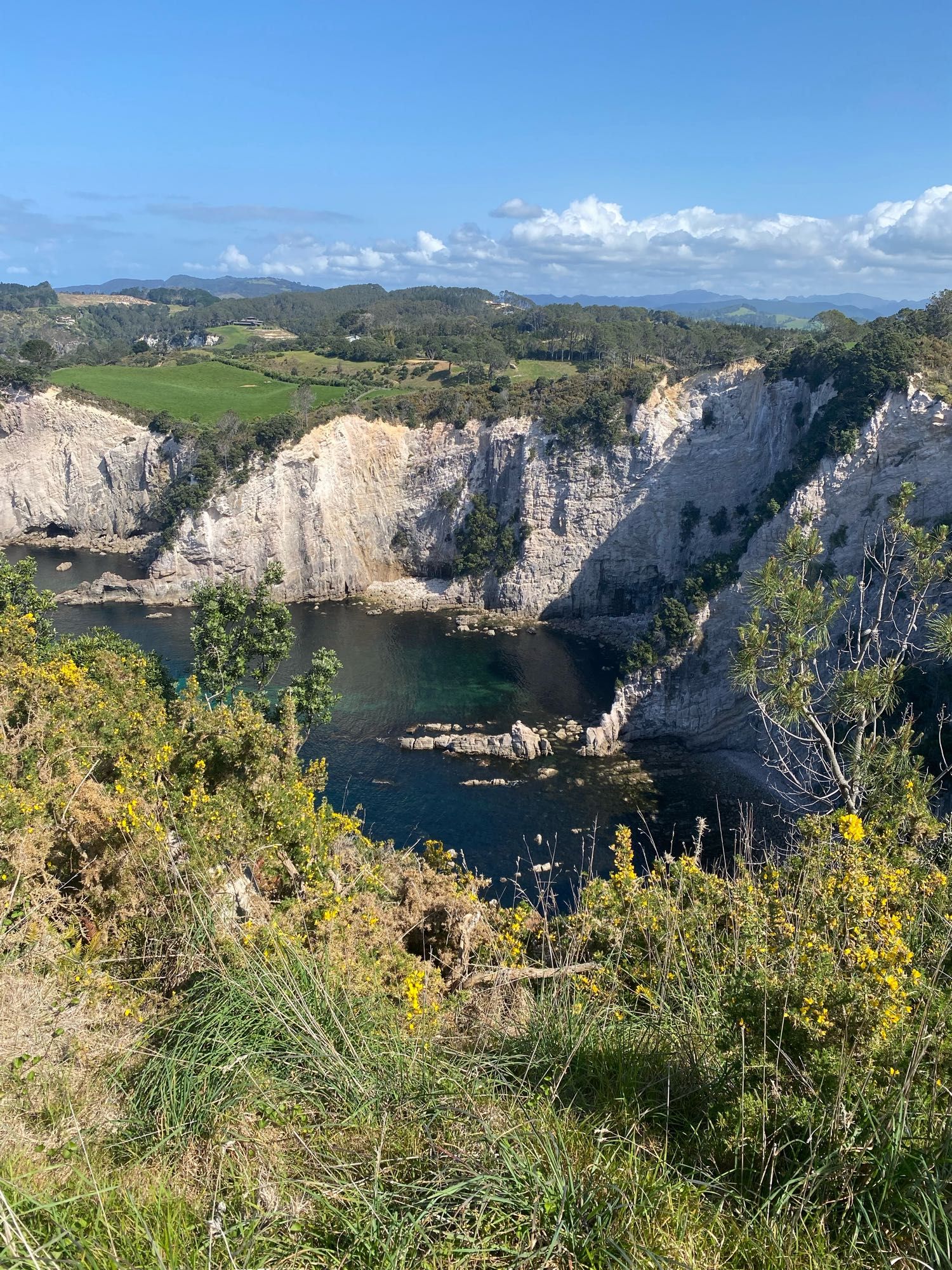 View of white cliffs and sea from the top of the hill above Pā Road, Hāhei