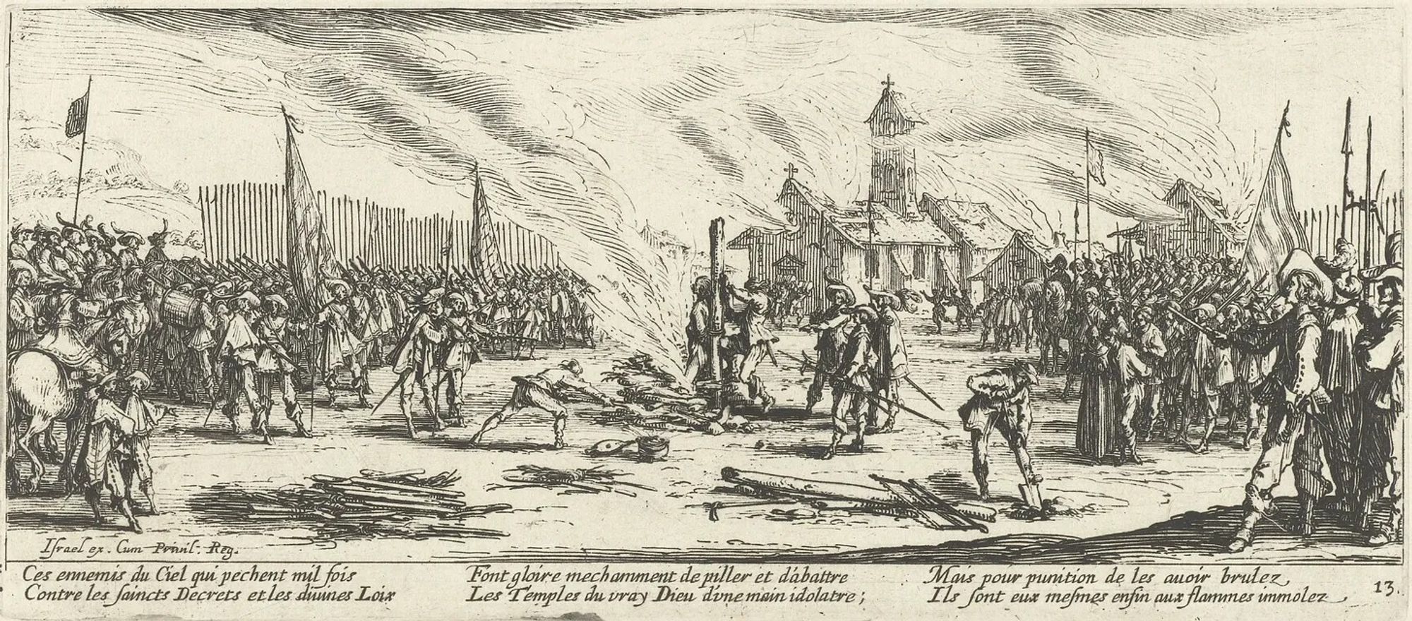 black and white etching showing men being burned at the stake