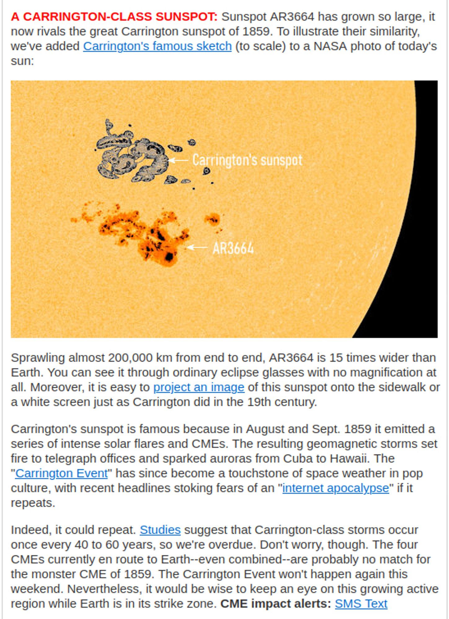 A section of spaceweather.com website describing the size and potential of a huge sunspot compared to the one from a 'Carrington event' in 1859 which caused telegraph stations to catch fire.