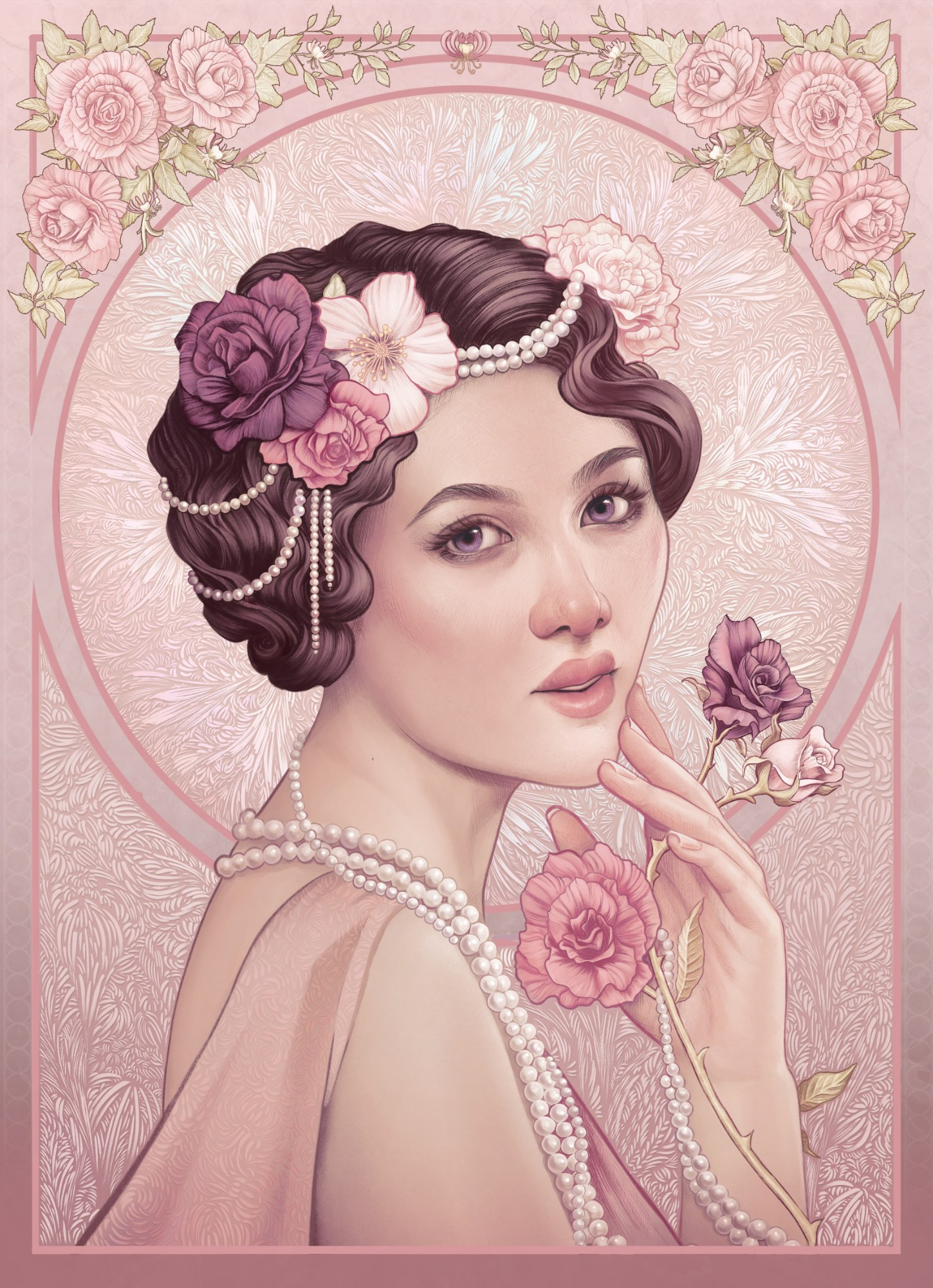 Art nouveau style portrait of a beautiful woman with roses and pearls