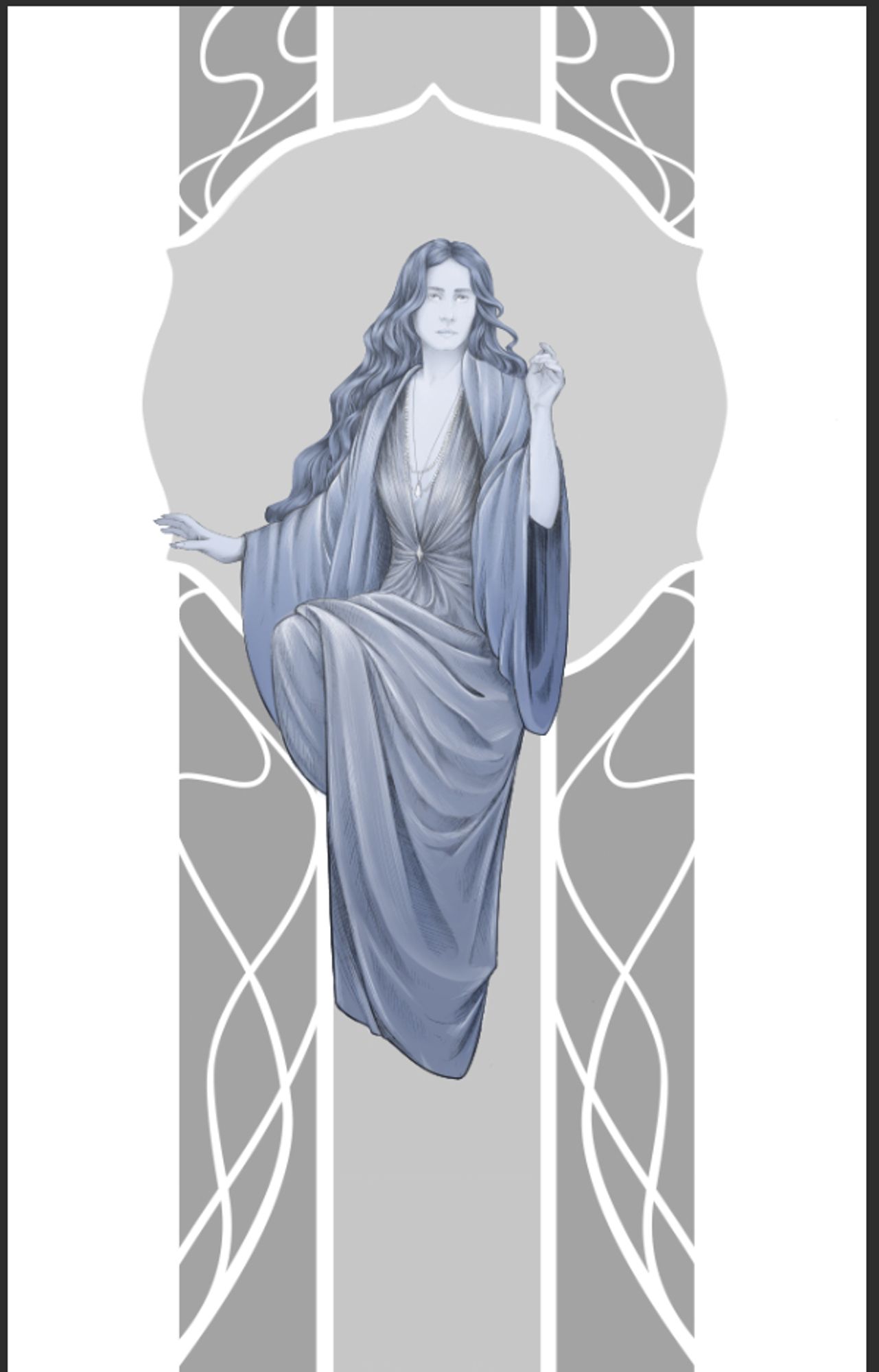 Unfinished art nouveau drawing of a woman with long dark wavy hair in a flowing silk gown