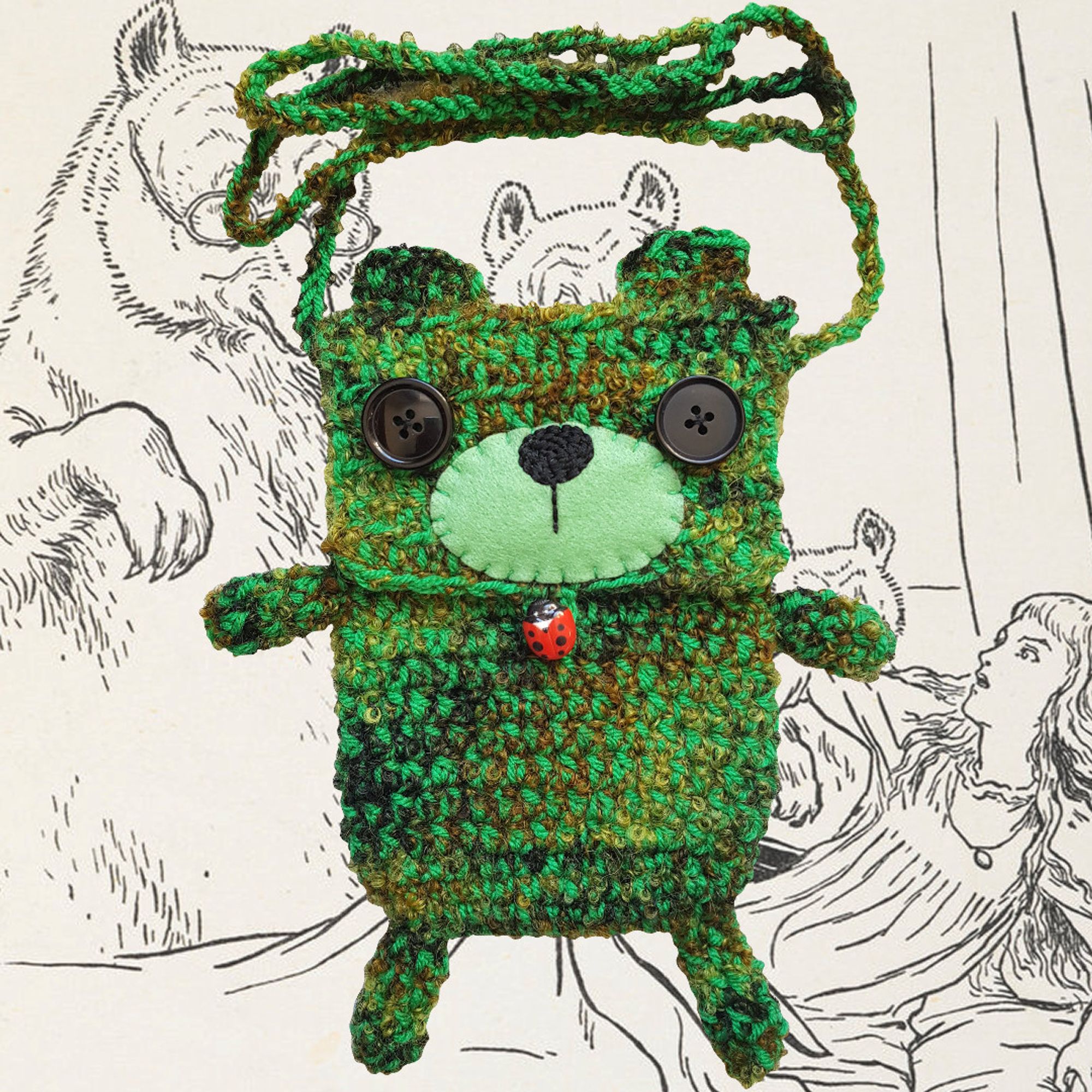 photo of a crochet bag that has the features of a bear. the yarn used is a mix of fluffy, mossy looking variegated green and a smooth one shade green. the bear bag photo has been cut out and the image behind is an illustration of goldilocks being discovered by the bears.