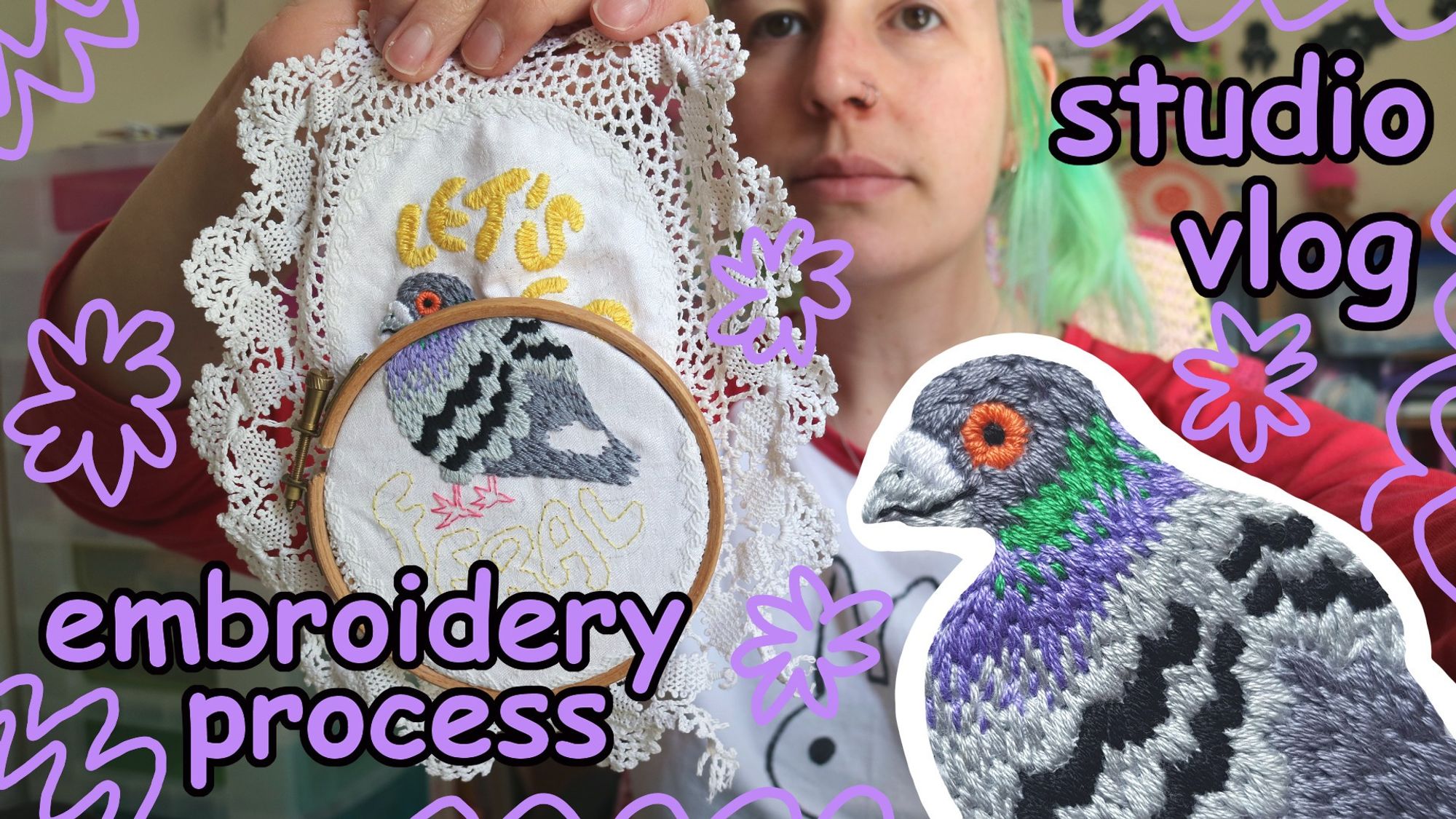 vlog thumbnail. screenshot of a person holding up a doily that is in an embroidery hoop, a work in progress embroidery of a pigeon is in the hoop. the finished pigeon is in the bottom right corner as a cut out. the text on the top right says "studio vlog" and the text on the bottom left says "embroidery process"